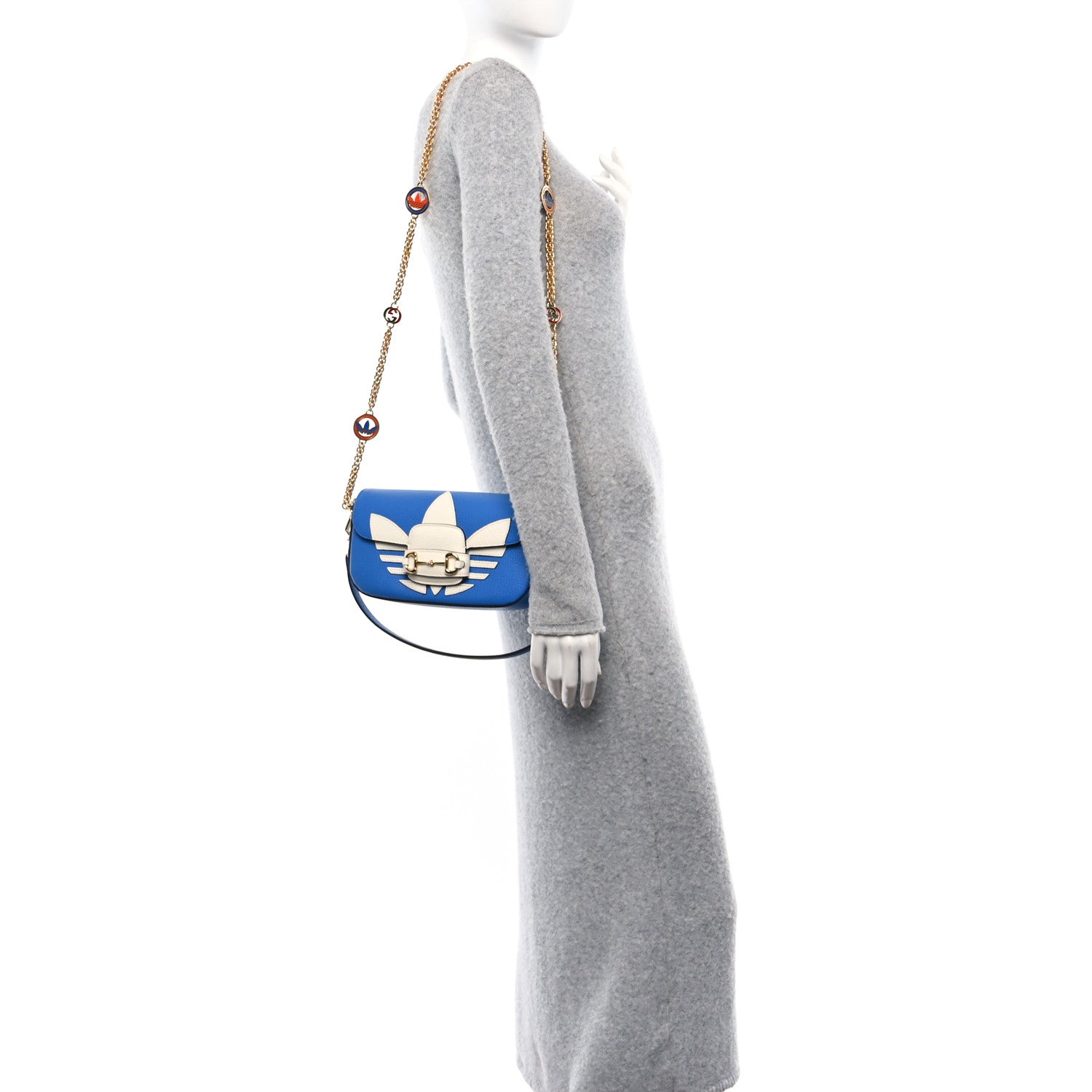 Gucci X ADIDAS Textured Dollar Calfskin Web Small Trefoil Horsebit 1955 Shoulder Bag Blue Off White 2 of 10