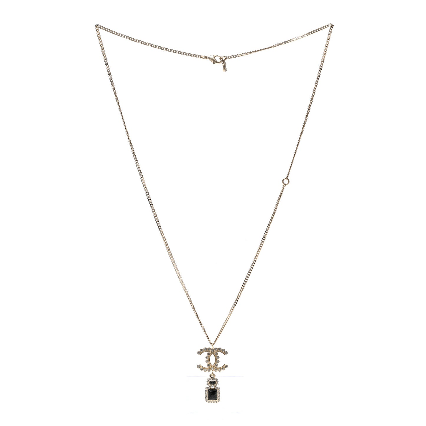 Crystal Pearl CC Perfume Bottle Necklace Black Gold