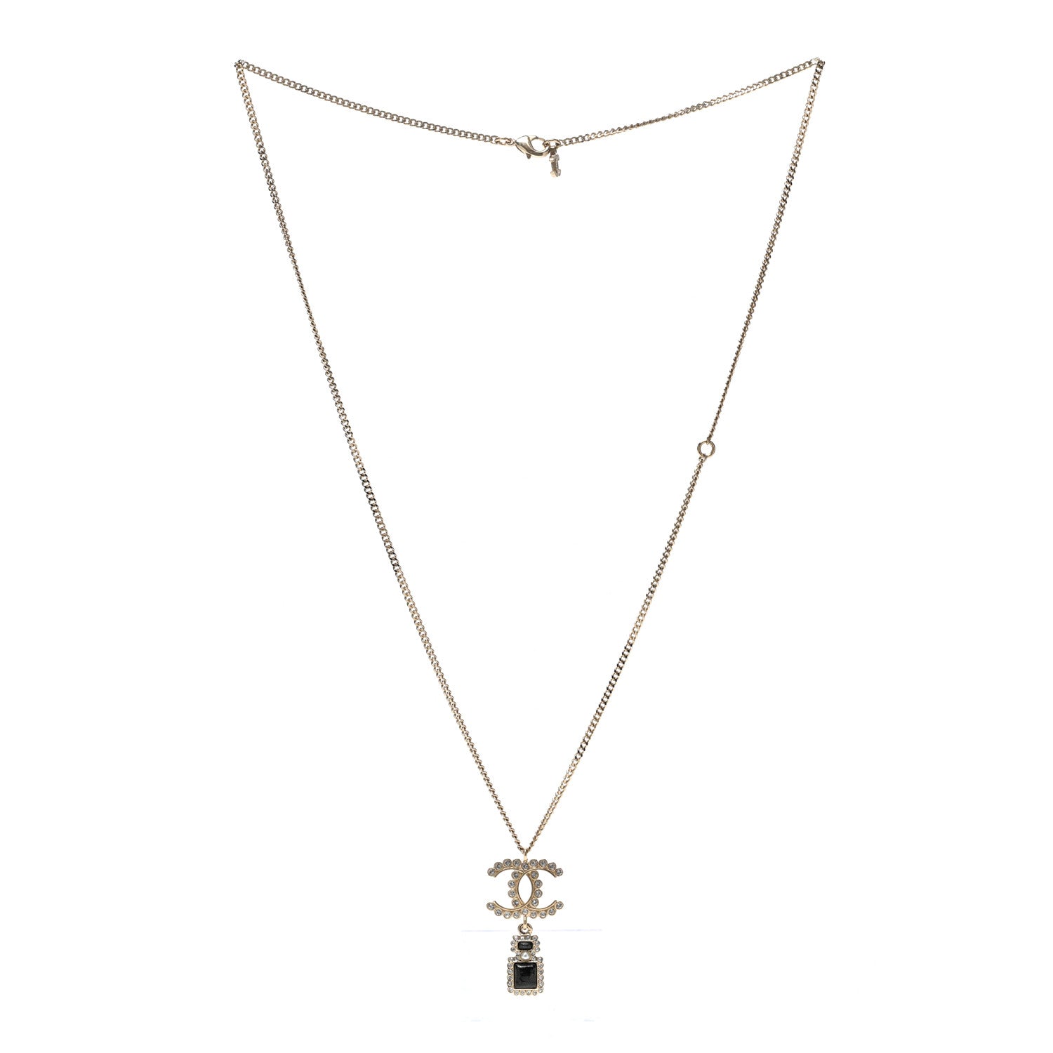 Chanel Crystal Pearl CC Perfume Bottle Necklace Black Gold 3 of 5