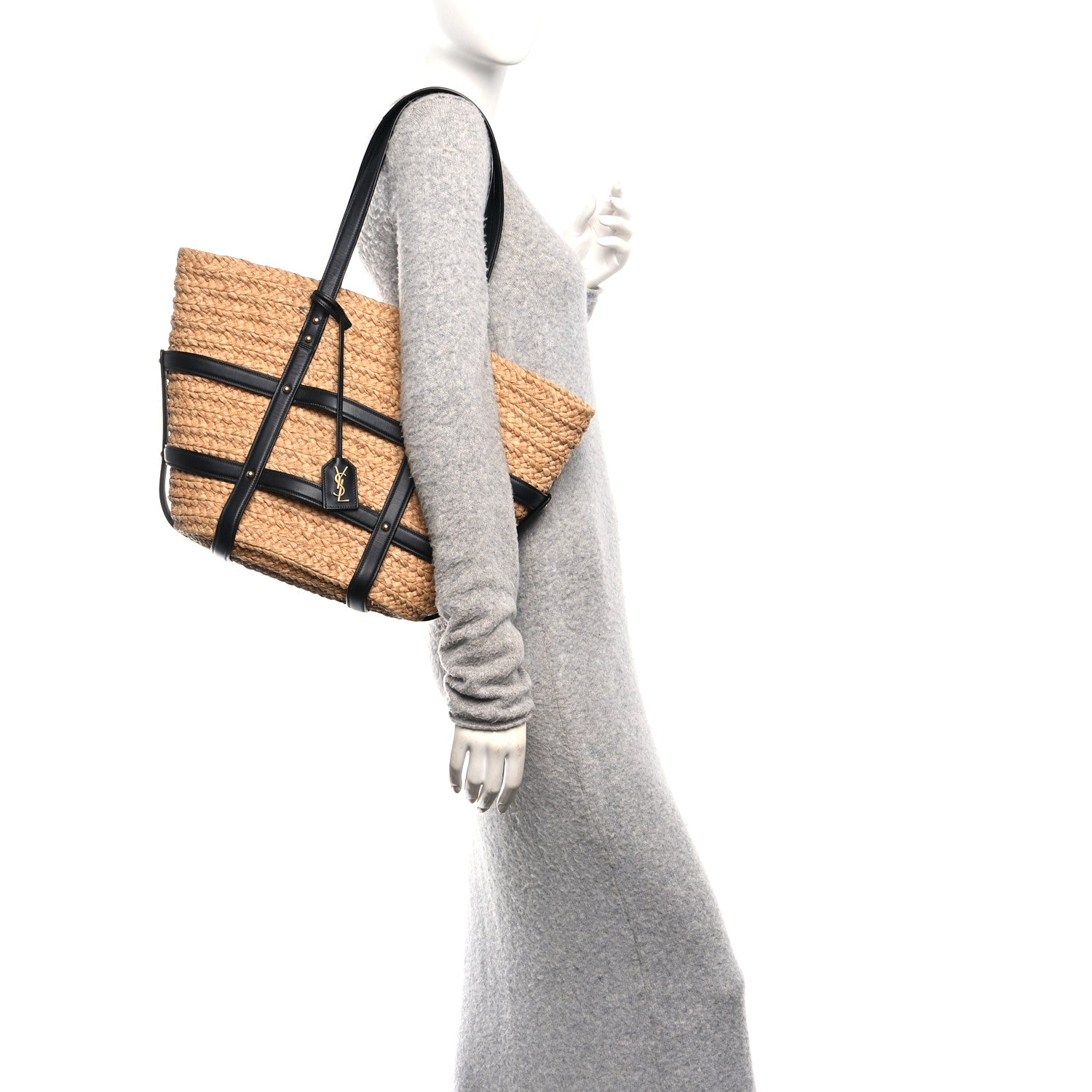 Saint Laurent Raffia Calfskin Caged Tote Naturale Black 2 of 12