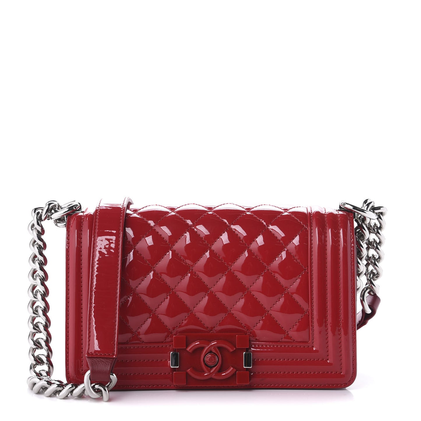 Patent Calfskin Quilted Small Plexiglass Boy Flap Red