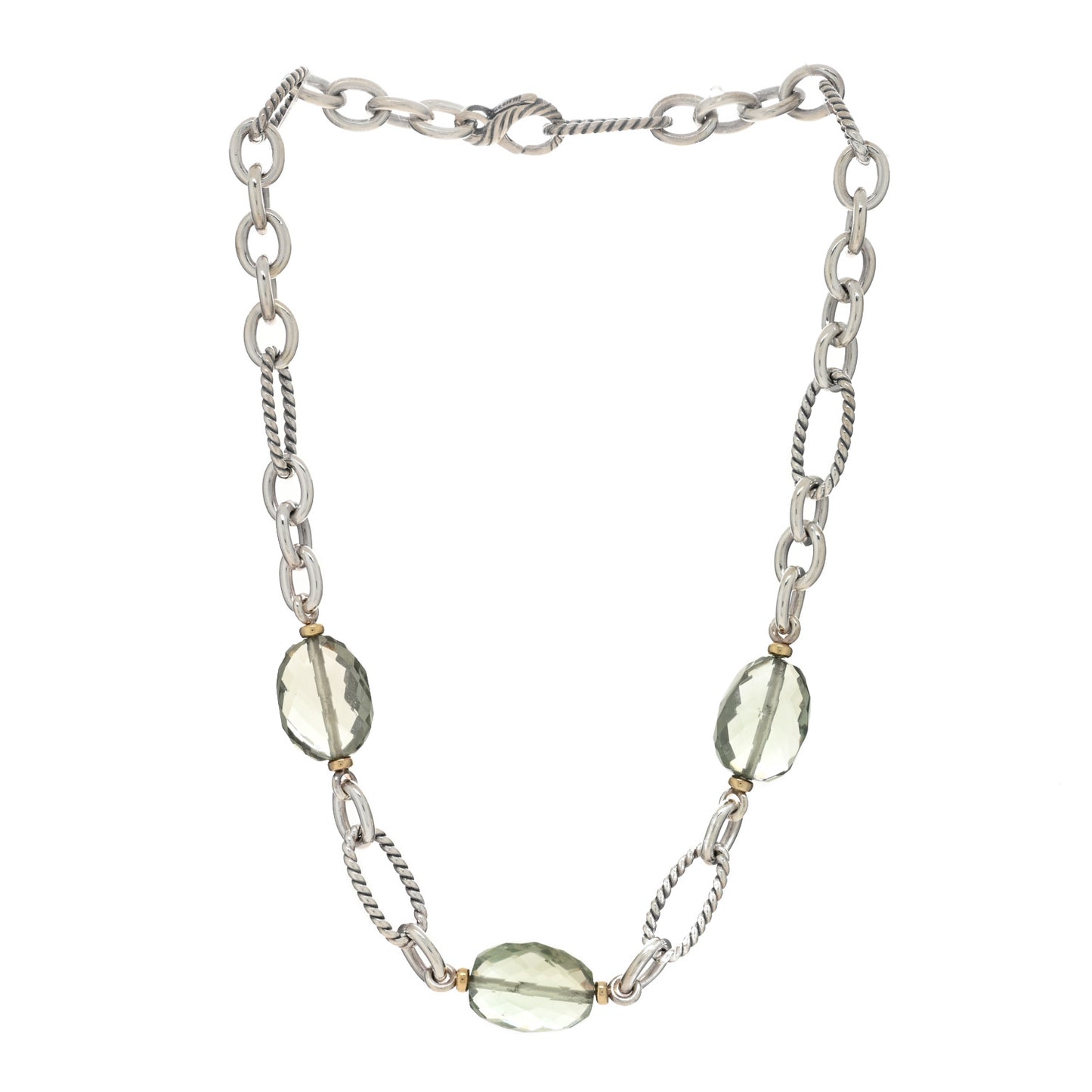 Sterling Silver 18K Yellow Gold Prasiolite Figaro Station Necklace