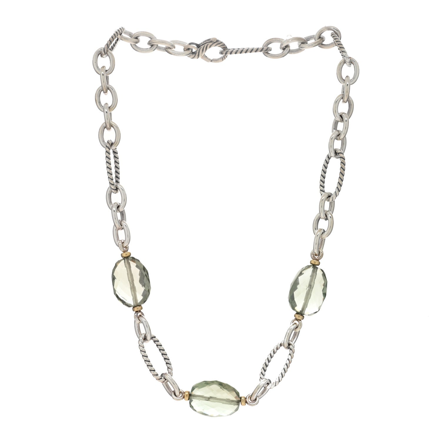 David Yurman Sterling Silver 18K Yellow Gold Prasiolite Figaro Station Necklace 2 of 4