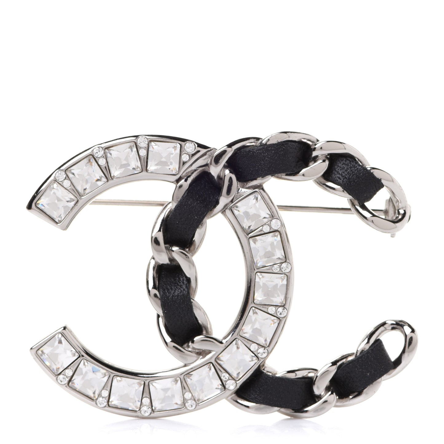 Lambskin Baguette Crystal CC Chain Brooch Black Silver
