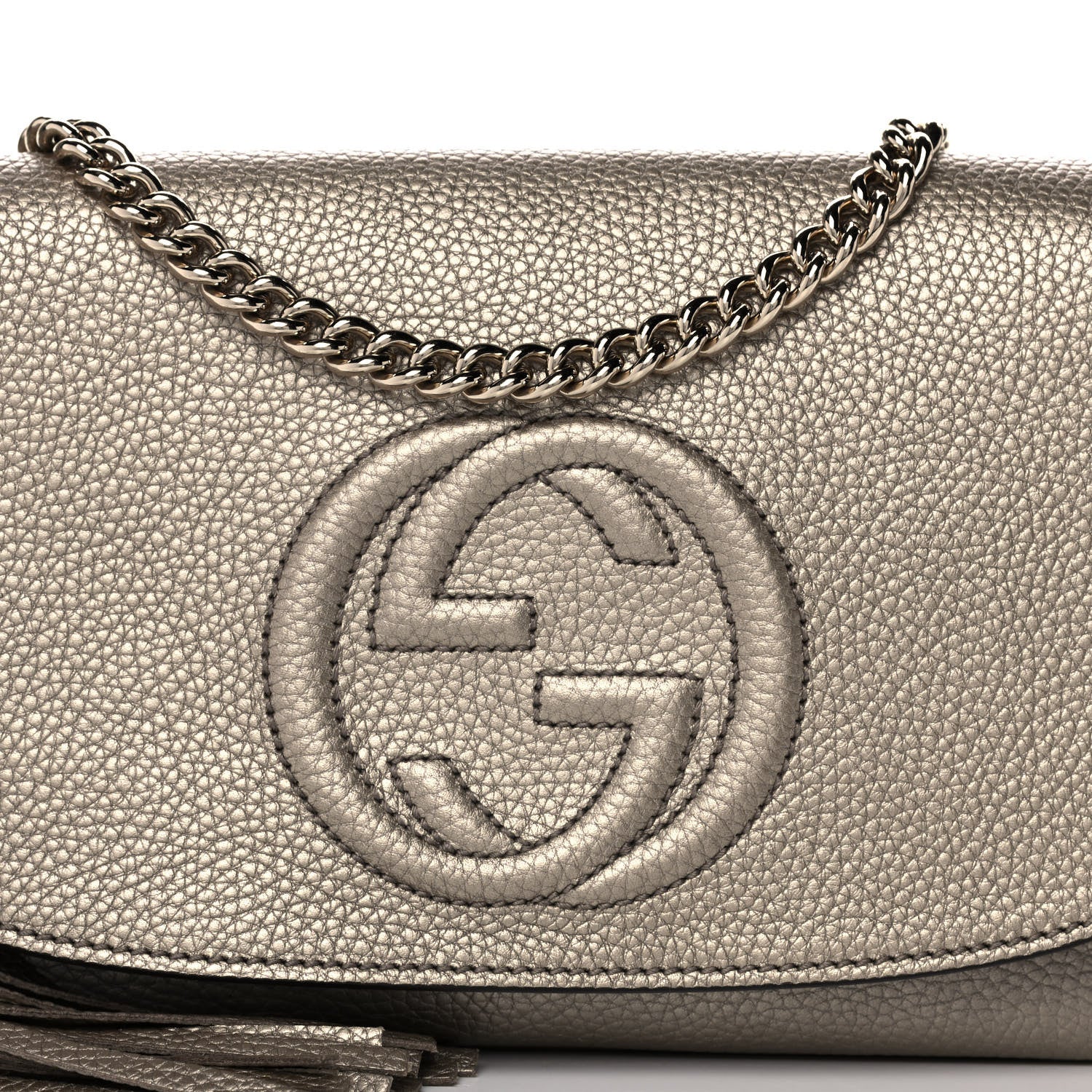 Gucci Metallic Pebbled Calfskin Medium Soho Flap Crossbody Golden Beige 9 of 11