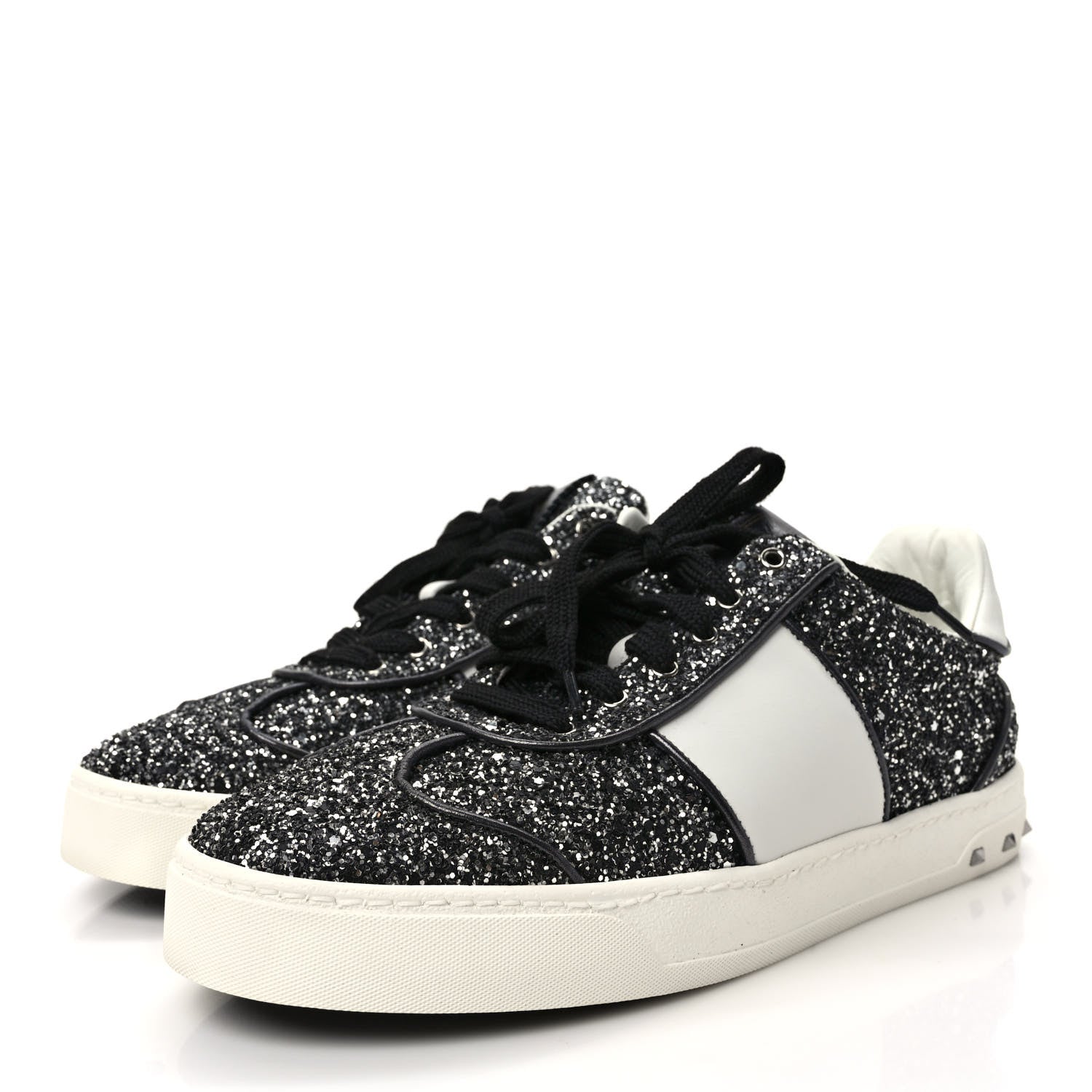Valentino Garavani Calfskin Glitter Flycrew Sneakers 40 Black 3 of 9