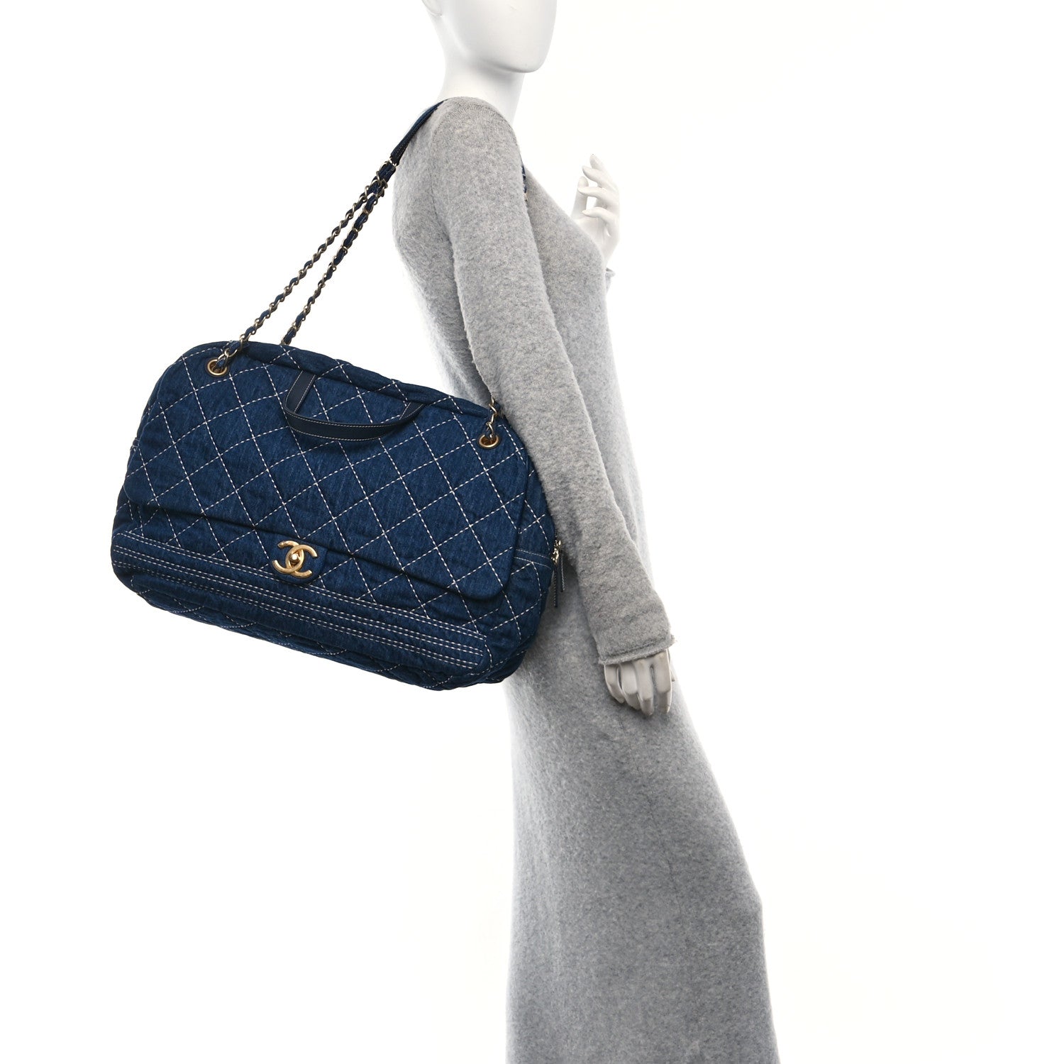 Chanel Denim Quilted Large Express Bowling Bag Blue 2 of 10