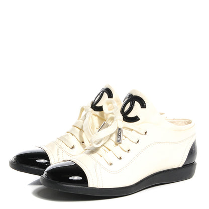 Chanel Lambskin Patent Cap Toe CC Sneakers 37.5 White Black 3 of 8