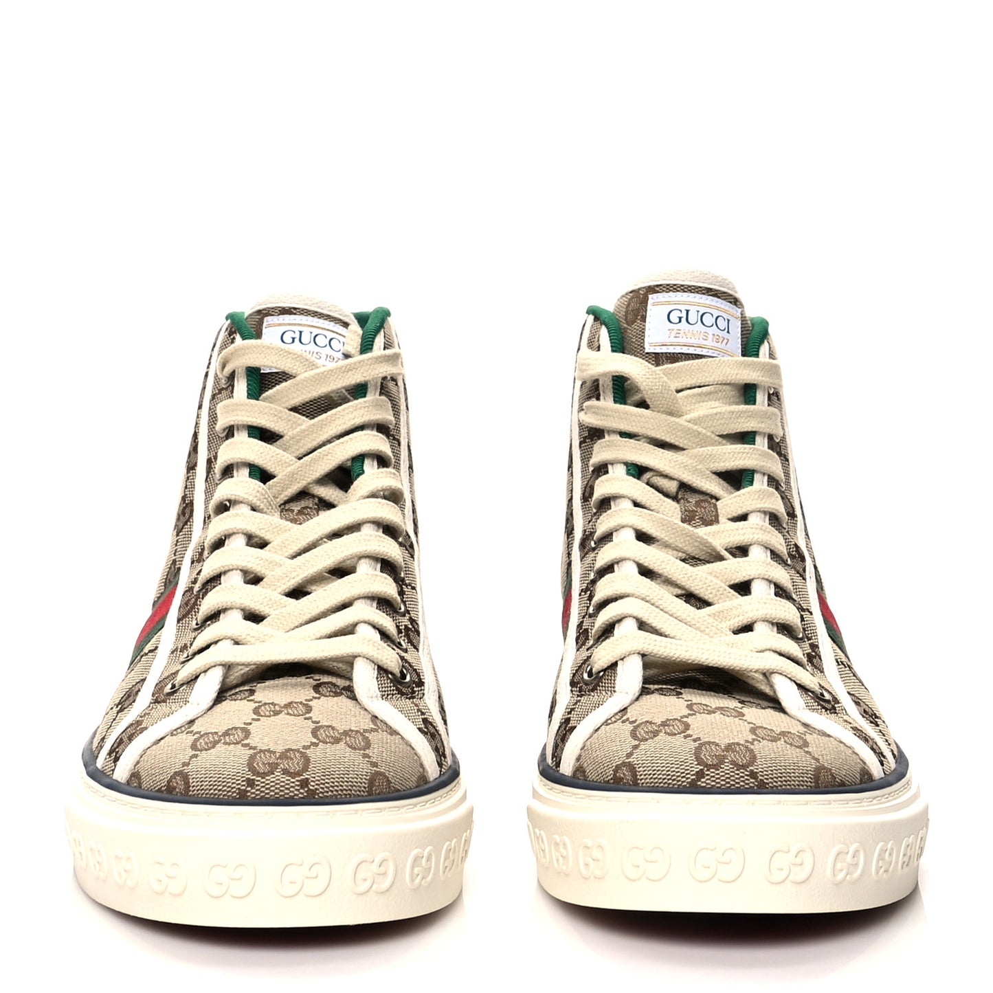 GG Monogram Web Mens 1977 Tennis High Top Sneakers 8 Beige Ebony Mystic White