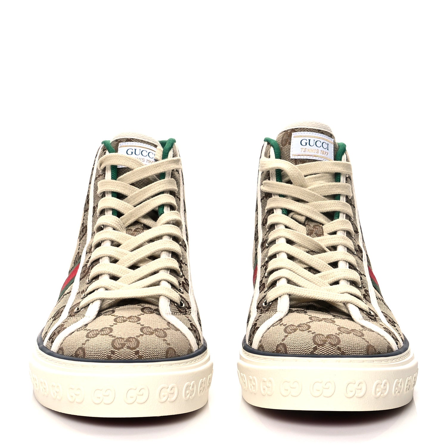 Gucci GG Monogram Web Mens 1977 Tennis High Top Sneakers 8 Beige Ebony Mystic White 2 of 7