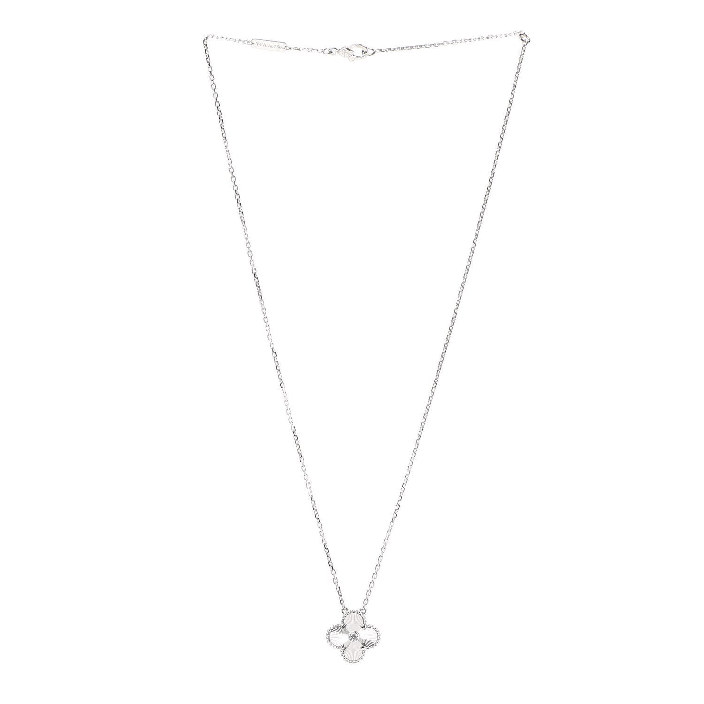 18K White Gold Diamond Guilloche Vintage Alhambra Pendant Necklace