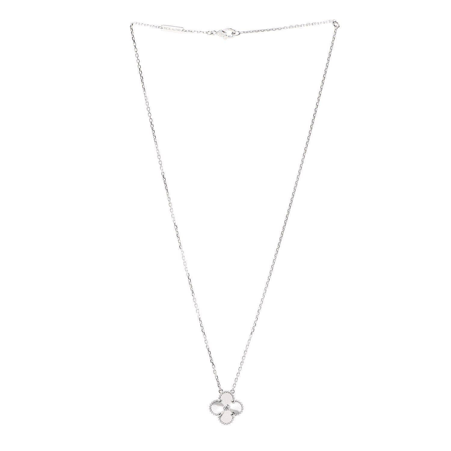 Van Cleef & Arpels 18K White Gold Diamond Guilloche Vintage Alhambra Pendant Necklace 3 of 8