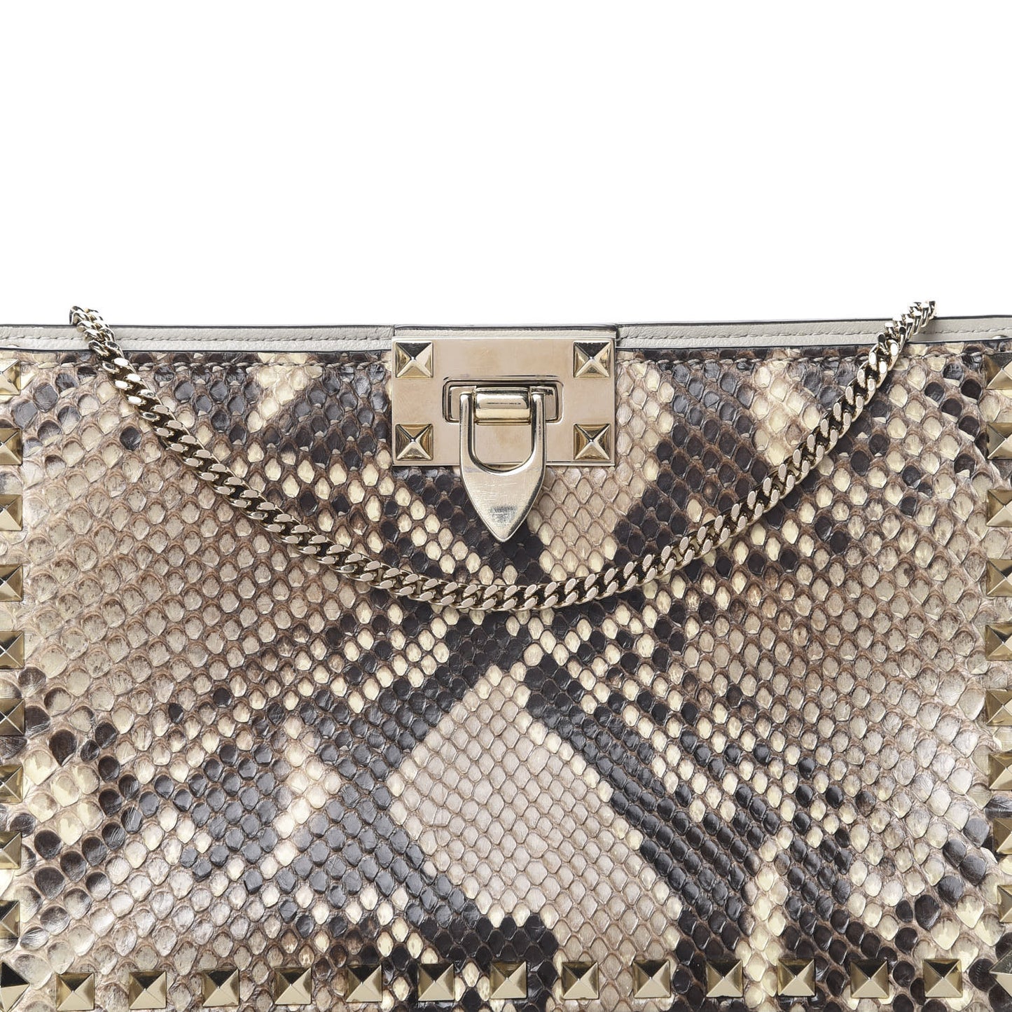 Calfskin Python Embossed Rockstud Chain Clutch Roccia