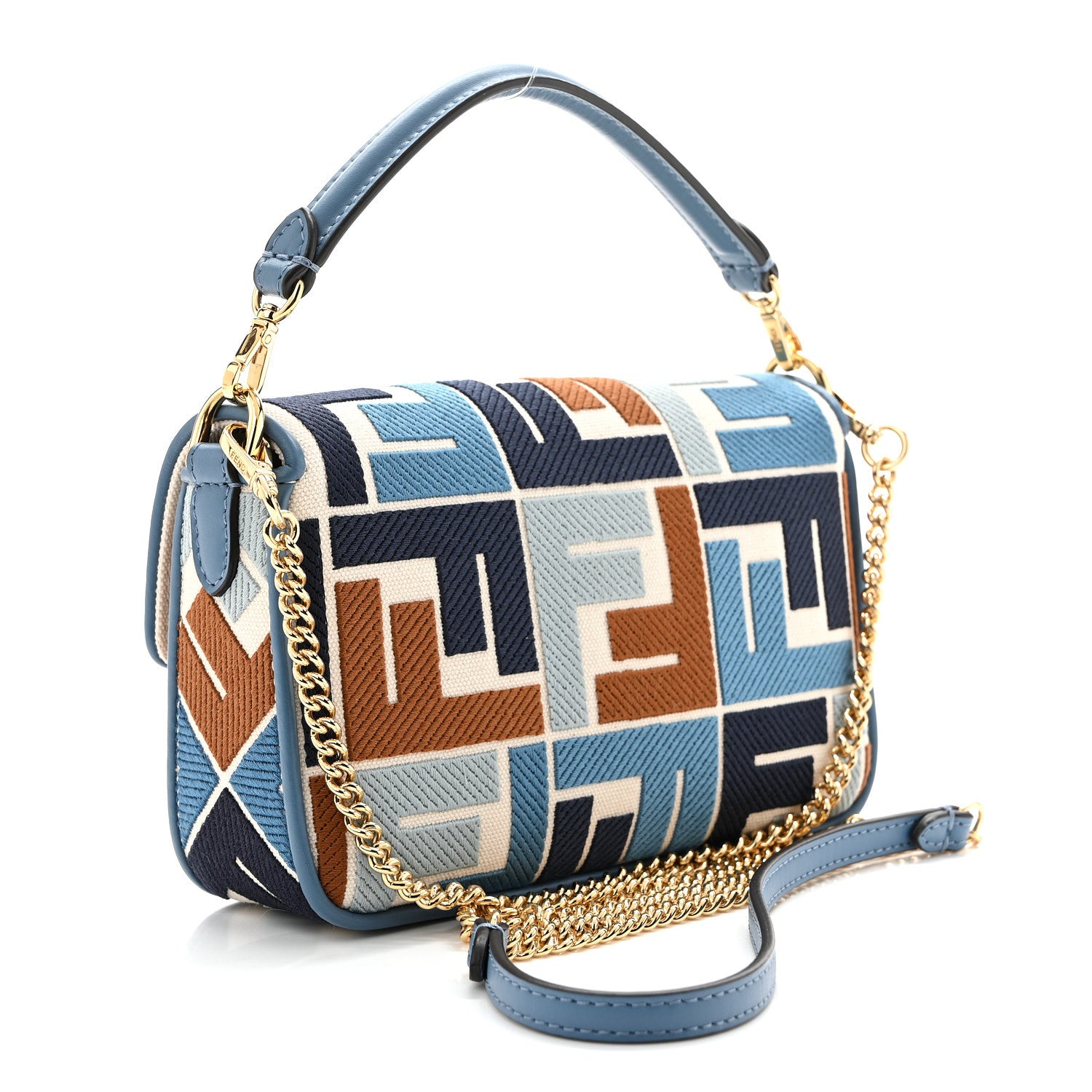 Fendi Canvas Vitello King Seta FF Embroidered Mini Baguette Blue Multicolor 3 of 10