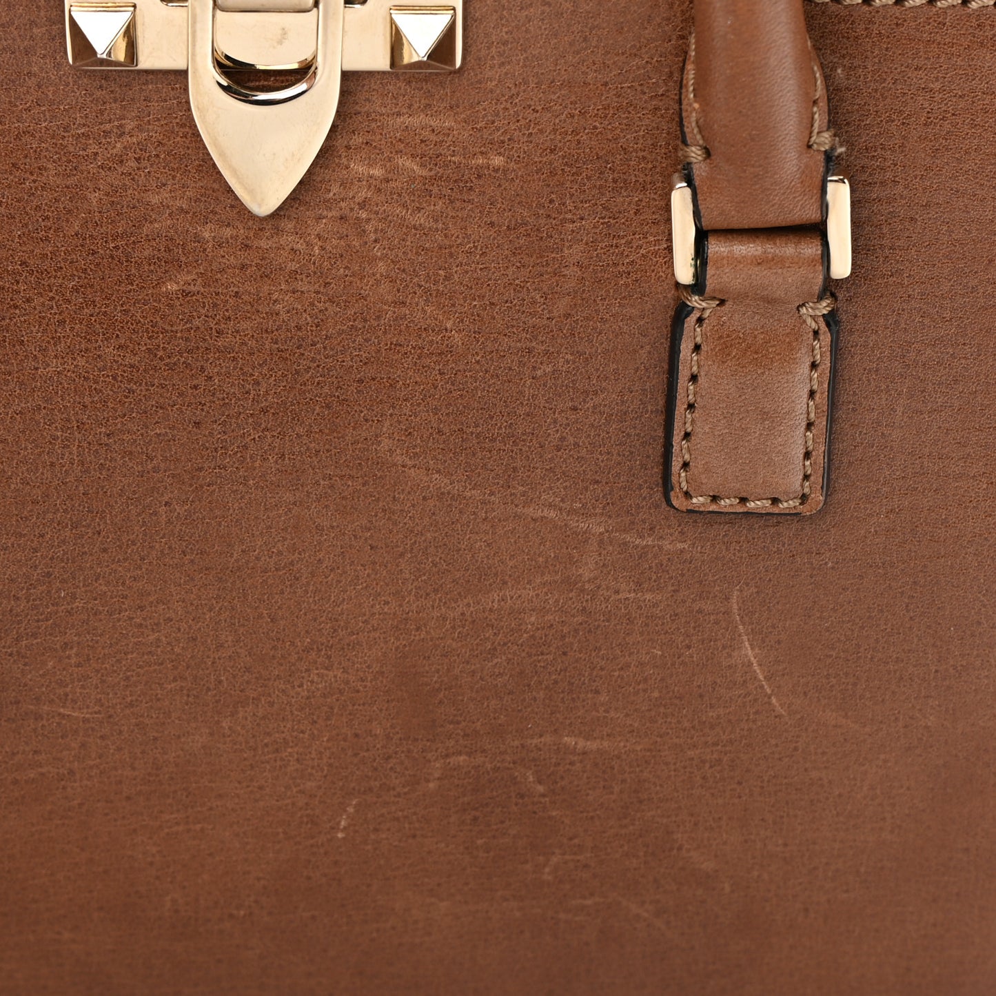 Textured Calfskin Rockstud Double Handle Tote Tan