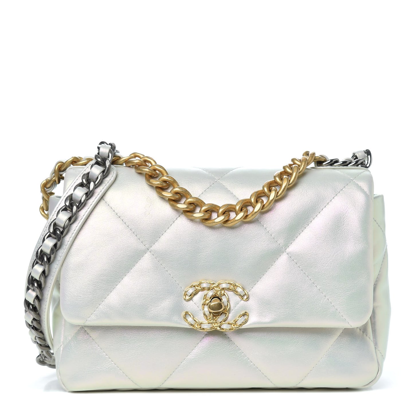Iridescent Calfskin Quilted Medium Chanel 19 Flap White