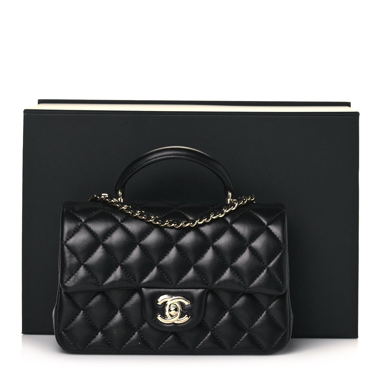 Lambskin Quilted Mini Top Handle Rectangular Flap Black