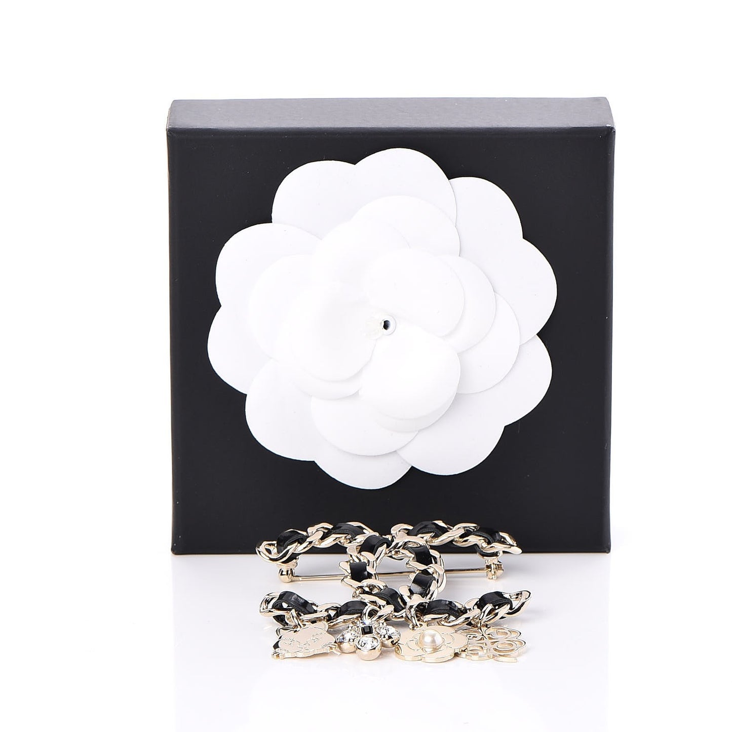 Lambskin Crystal Chain CC Charms Brooch Black Gold
