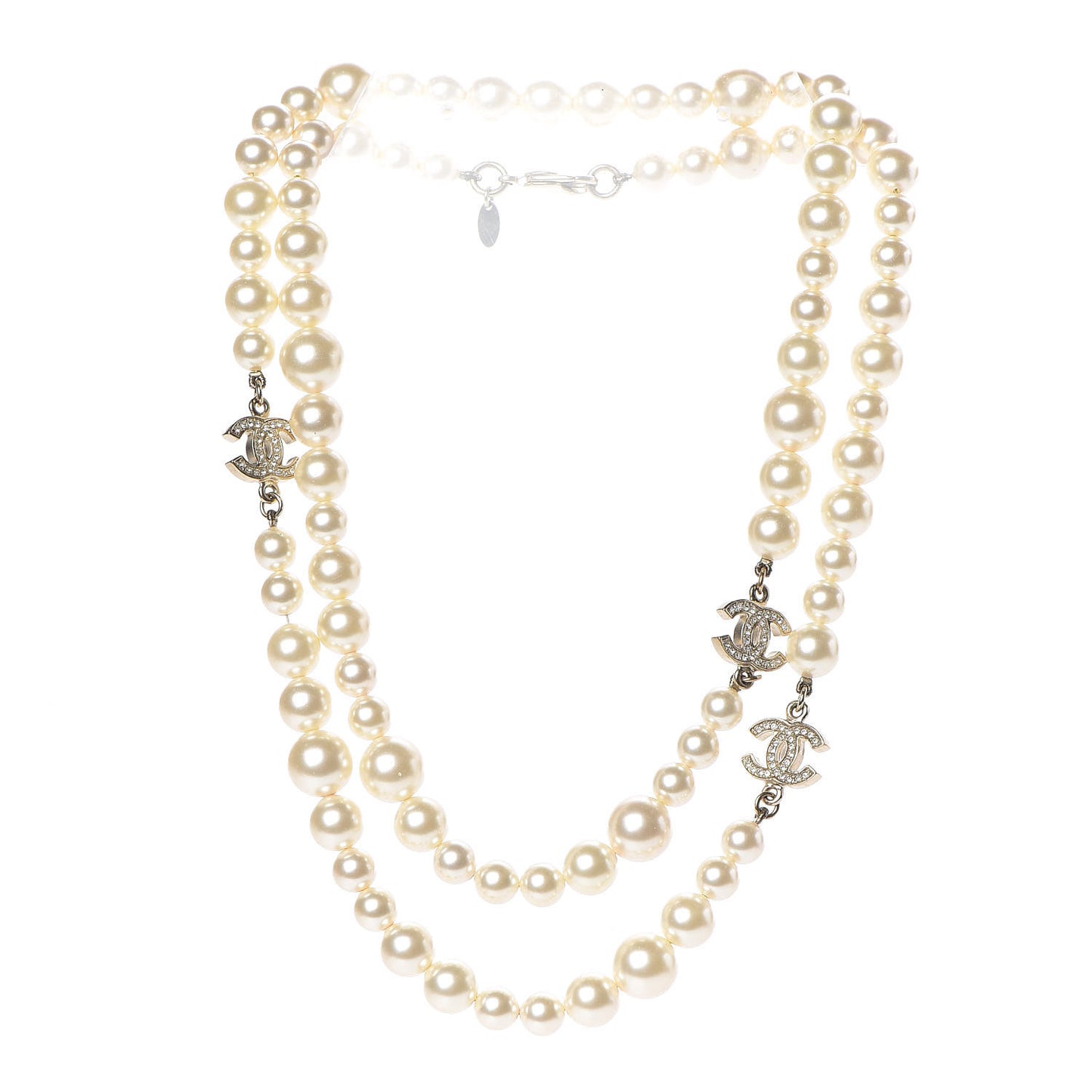 Pearl Baguette Crystal Long CC Necklace Gold