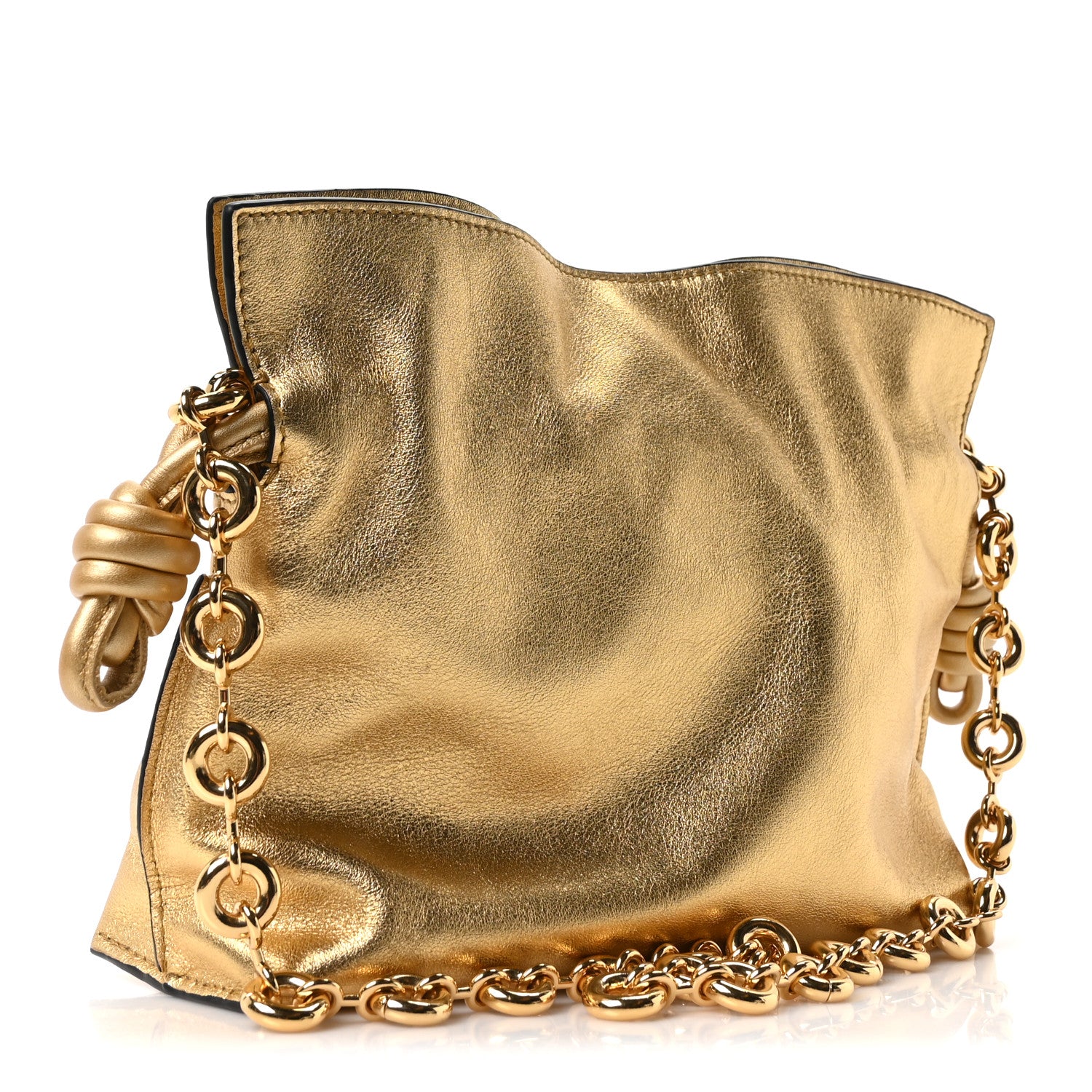 Loewe Metallic Calfskin Mini Chain Flamenco Knot Clutch Gold