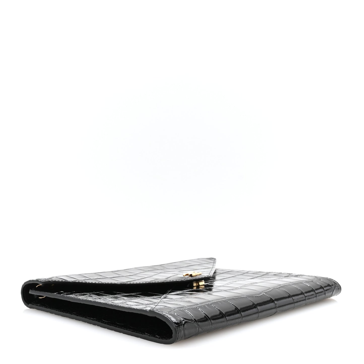Calfskin Crocodile Embossed Croc Illusion Clutch With Chain Black
