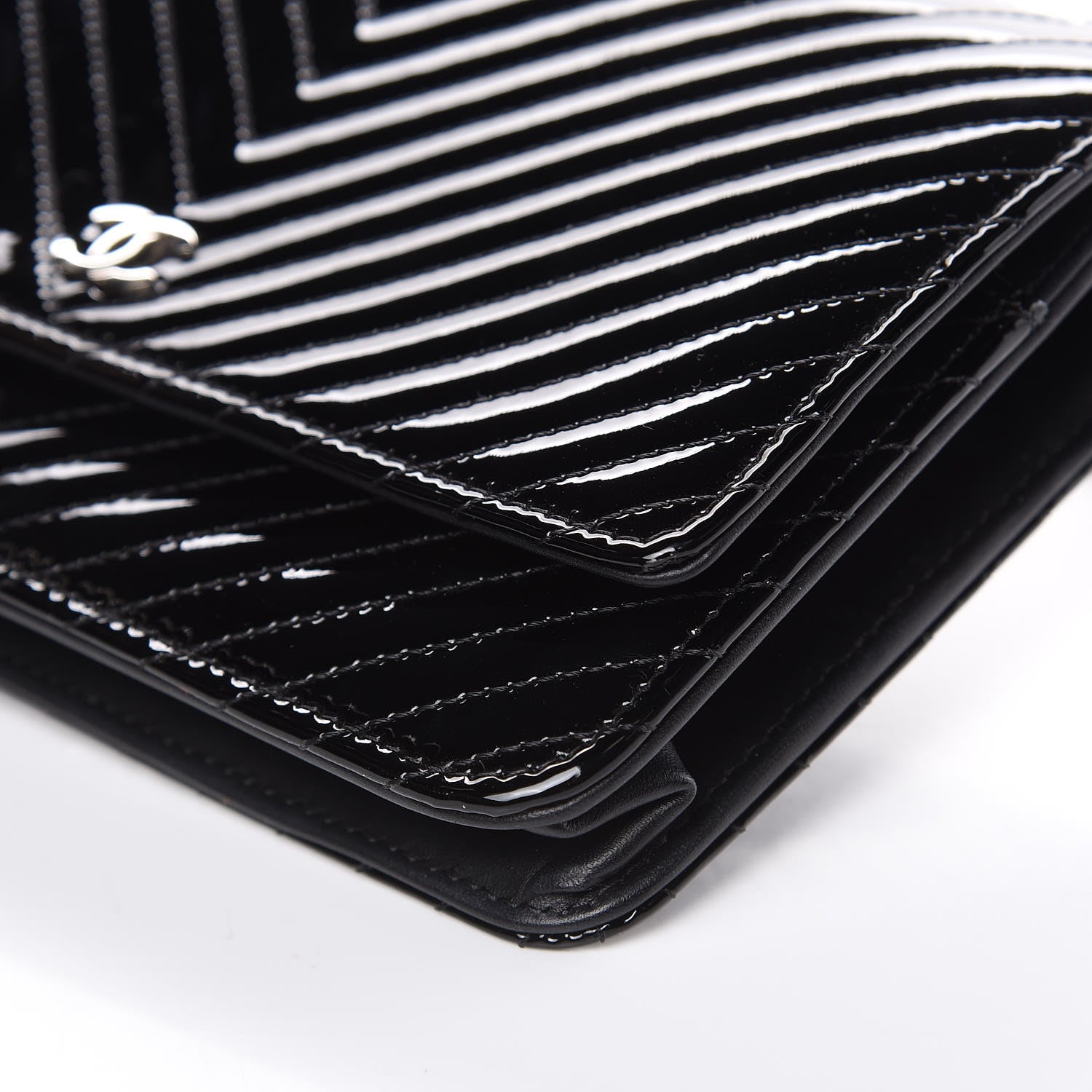 Chanel Patent Calfskin Chevron Quilted Wallet On Chain WOC Black 10 of 12