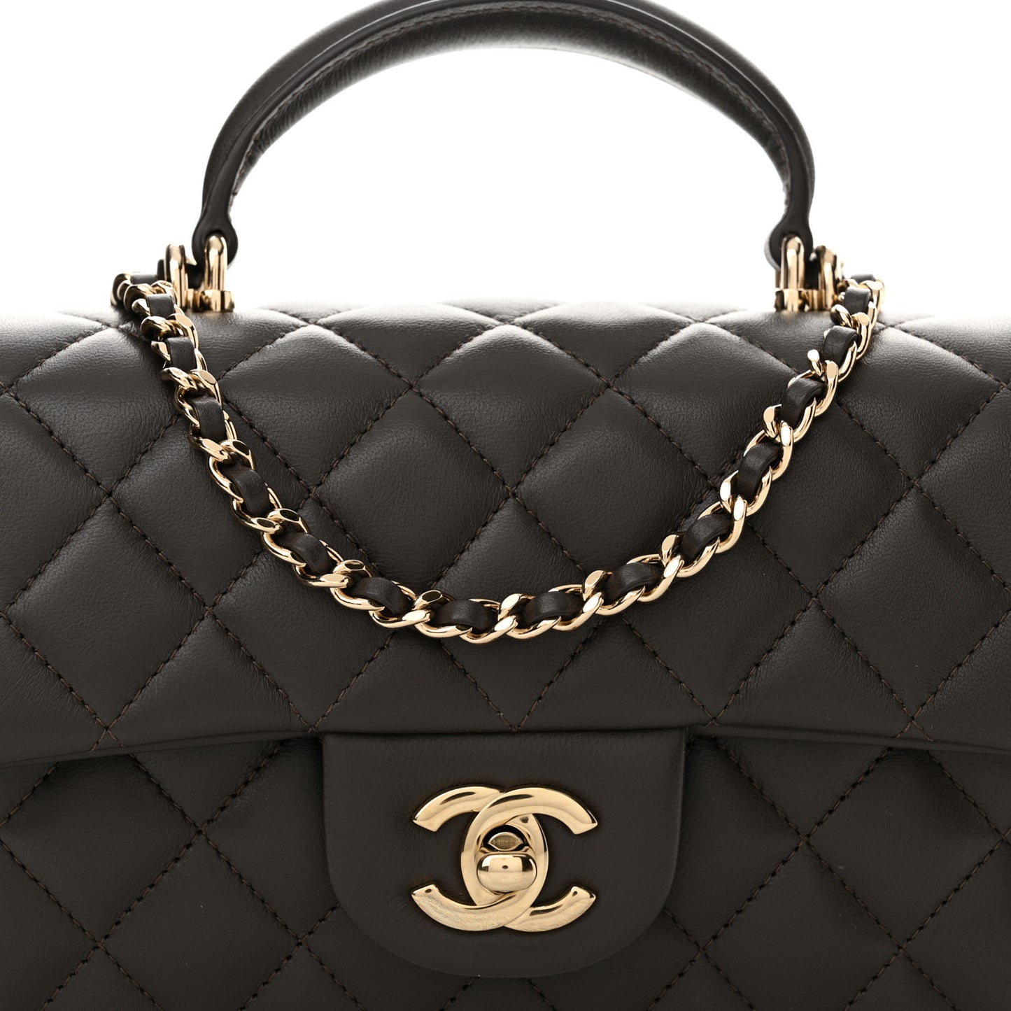 Lambskin Quilted Mini Top Handle Rectangular Flap Dark Brown