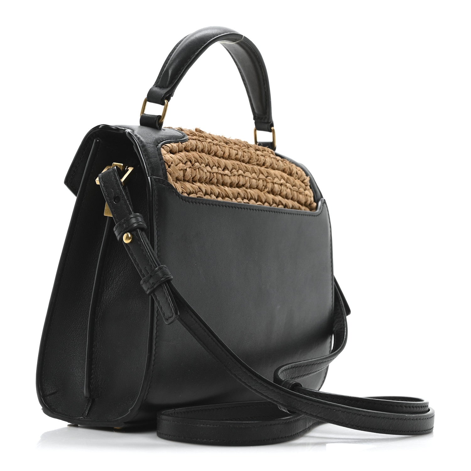 Saint Laurent Raffia Calfskin Mini Classic Monogram Cassandra Top Handle Black Natural 3 of 10