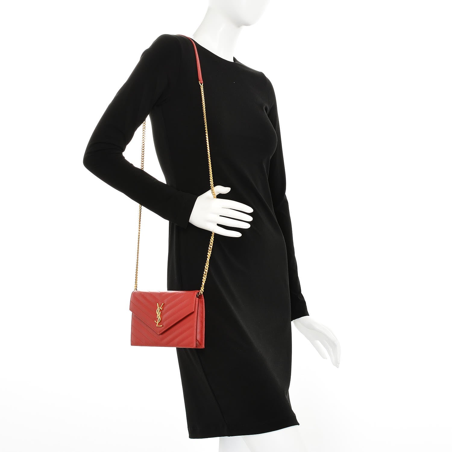 Saint Laurent Grain De Poudre Matelasse Chevron Monogram Envelope Chain Wallet New Red 2 of 6