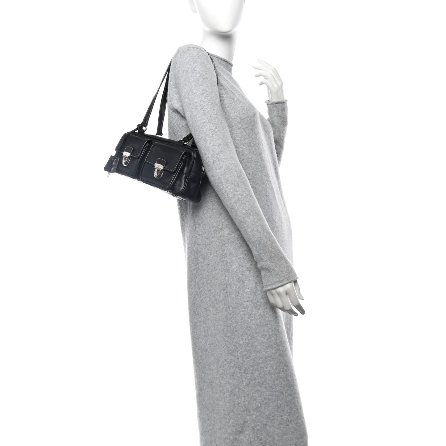 Vitello Heavy Push Lock Pocket Shoulder Bag Black
