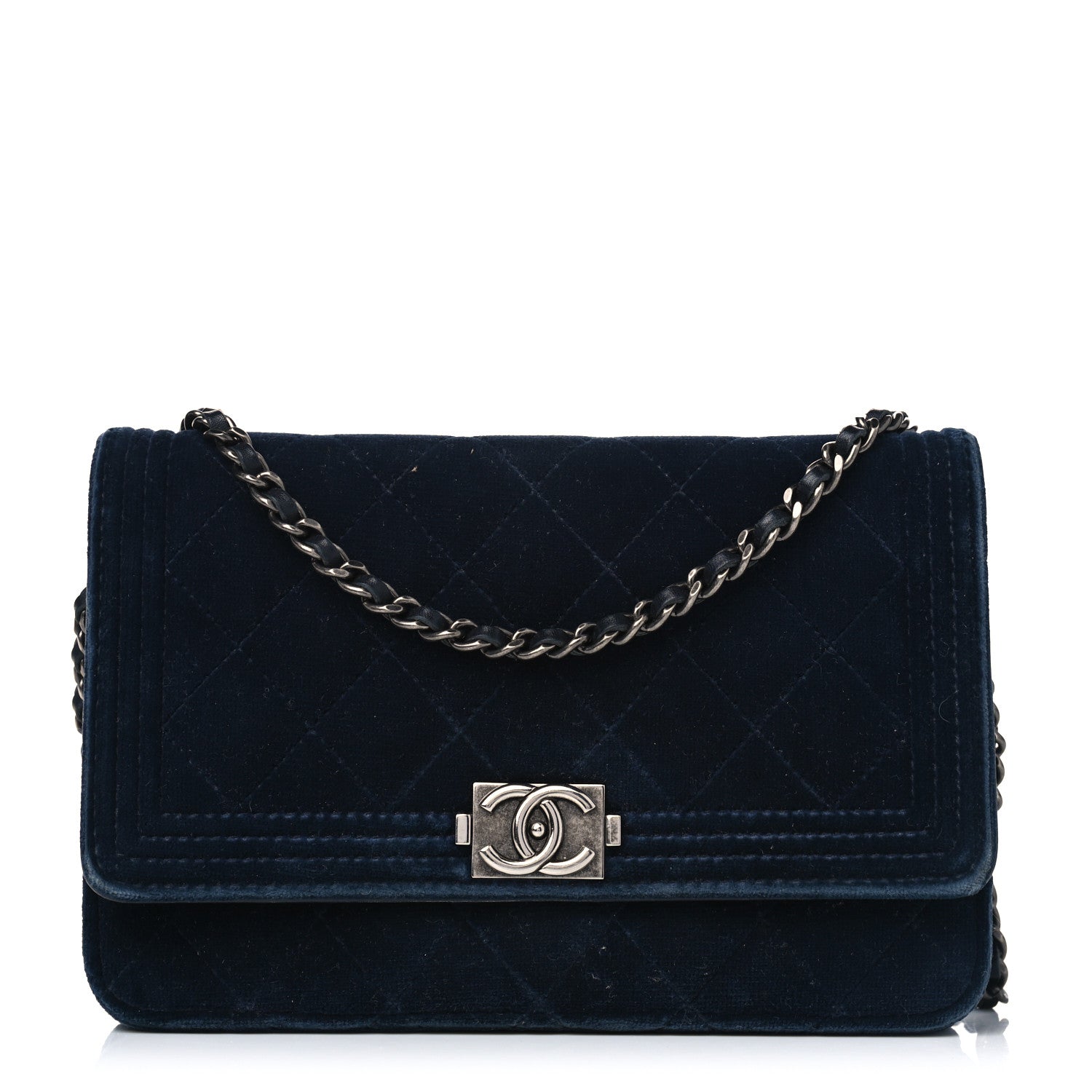 Chanel Velvet Quilted Boy Wallet On Chain WOC Navy 1 of 12