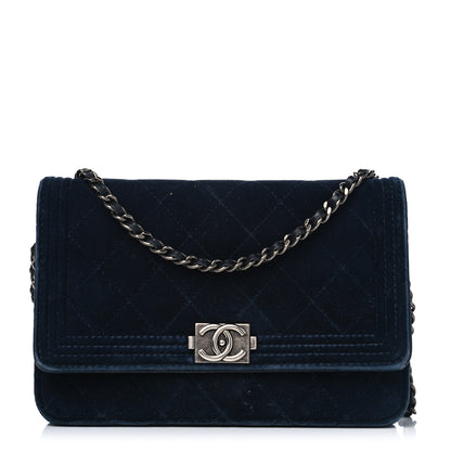 Chanel Velvet Quilted Boy Wallet On Chain WOC Navy 1 of 12