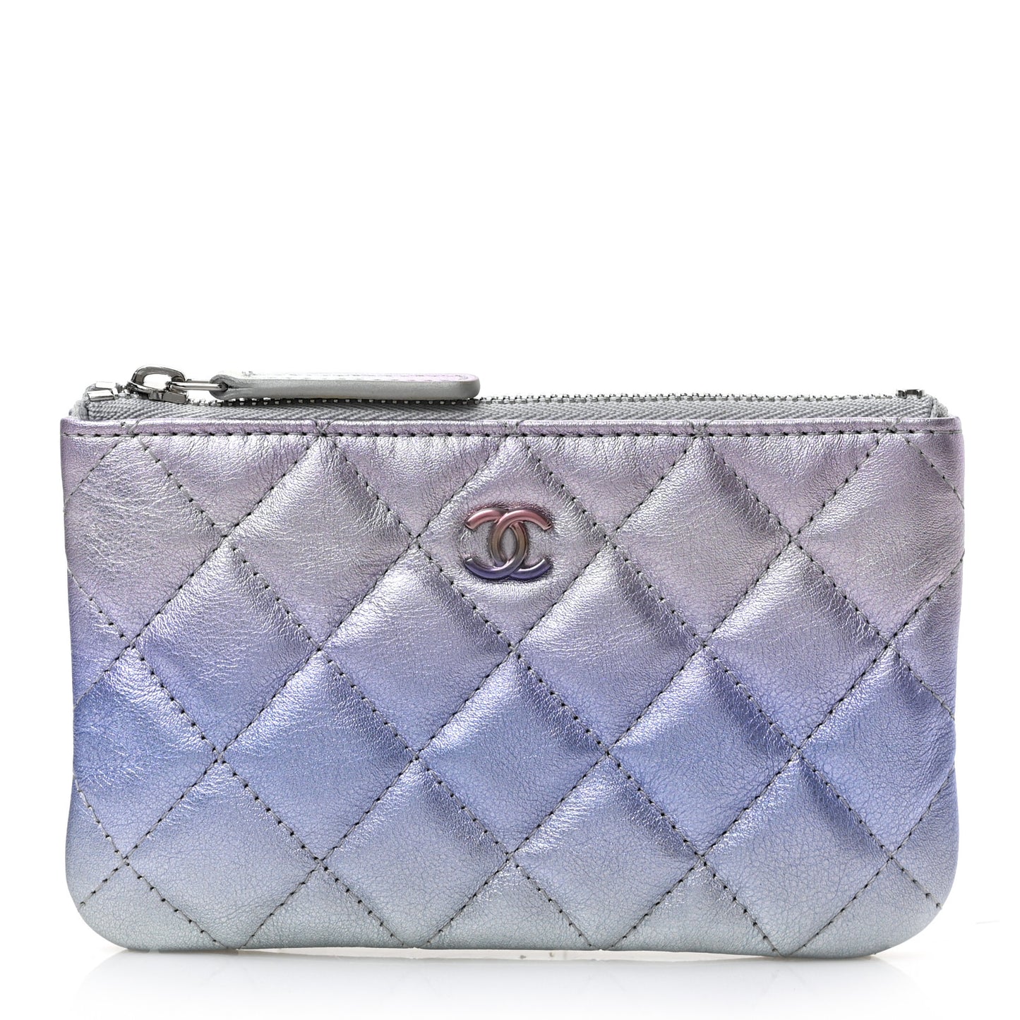Gradient Metallic Calfskin Quilted Small Cosmetic Pouch Silver Blue Yellow Purple