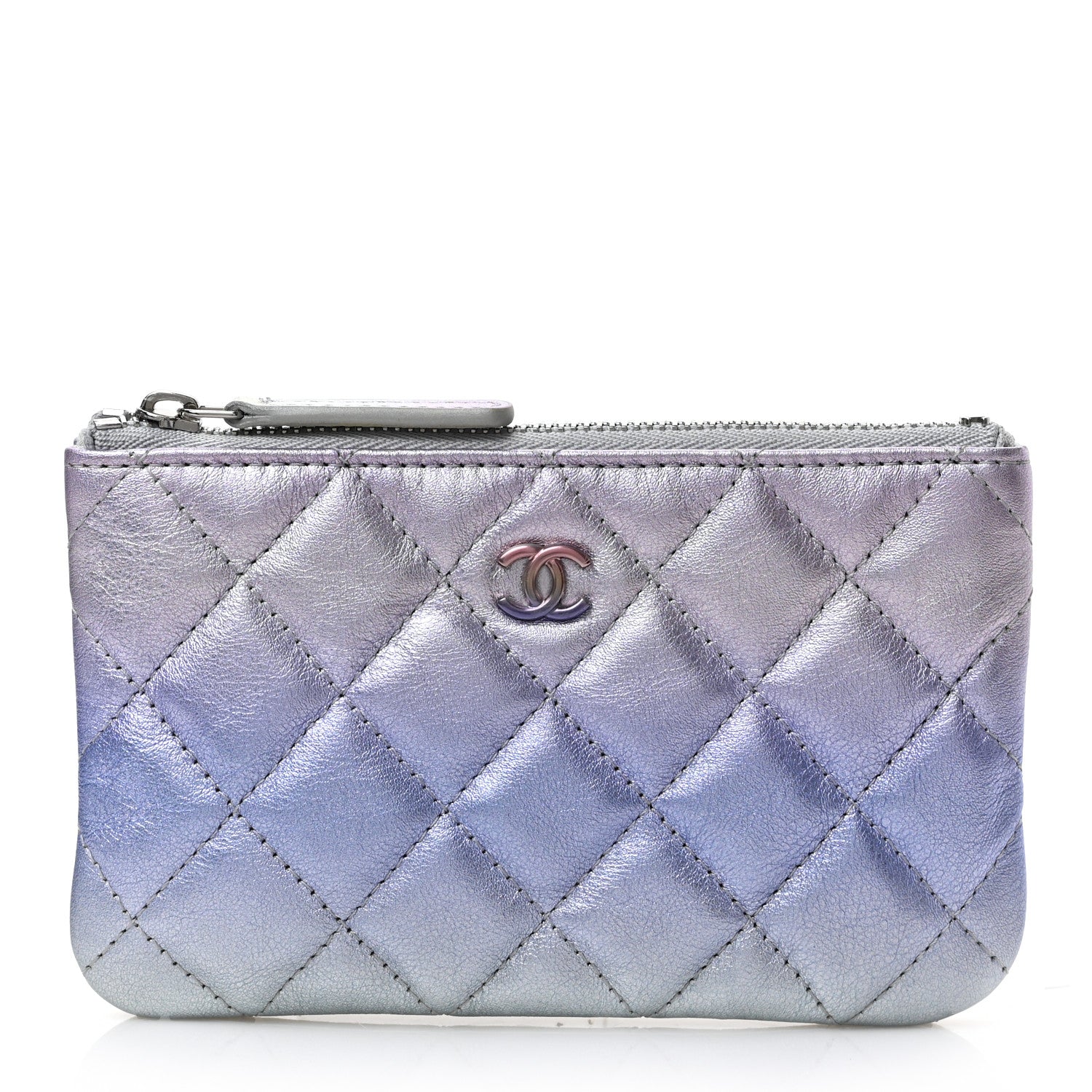 Chanel Gradient Metallic Calfskin Quilted Small Cosmetic Pouch Silver Blue Yellow Purple 1 of 7