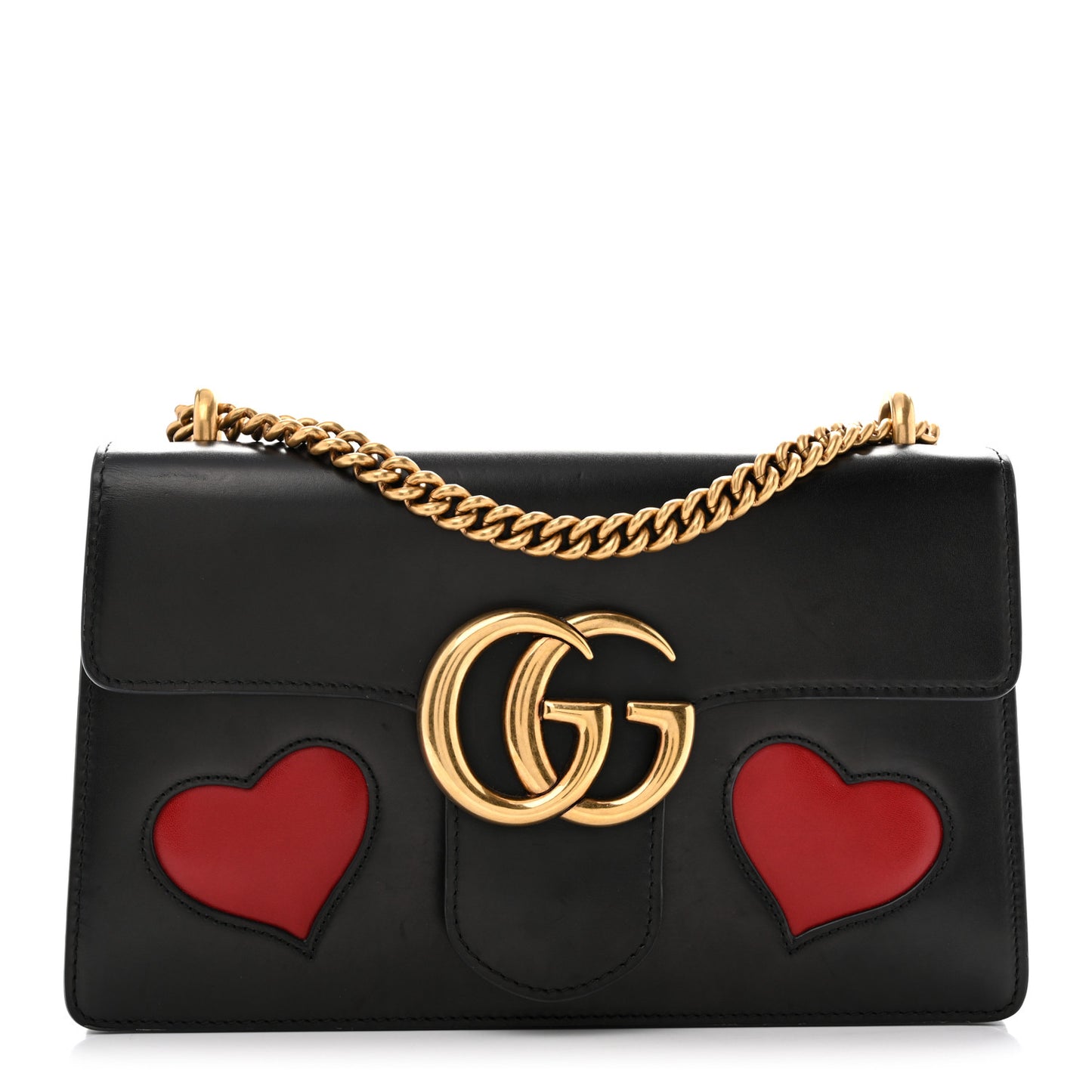 Knight Calfskin Malaga Kid Heart Medium GG Marmont Chain Handle Bag Black Hibiscus Red Multicolor