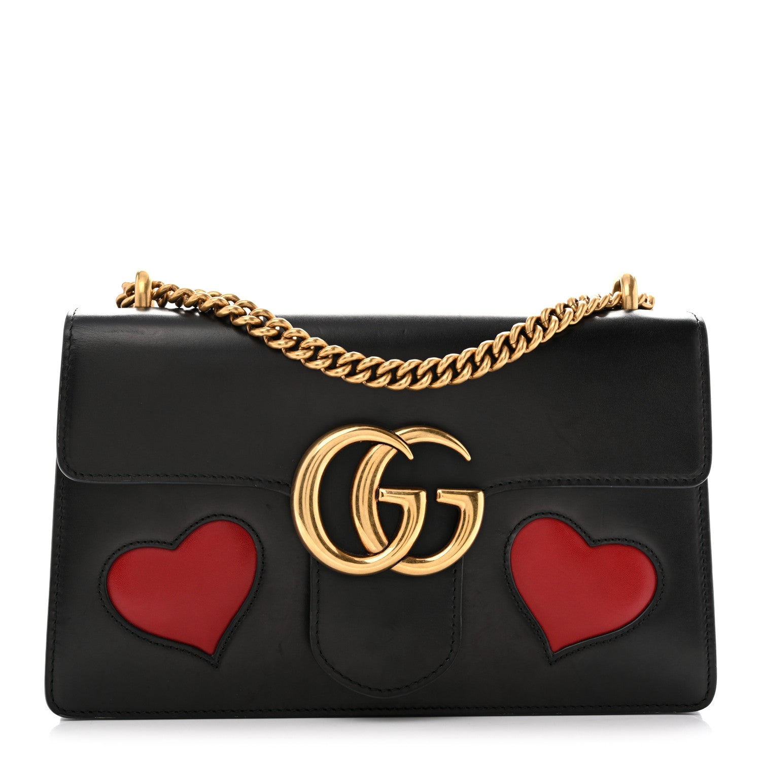 Gucci Knight Calfskin Malaga Kid Heart Medium GG Marmont Chain Handle Bag Black Hibiscus Red Multicolor 1 of 14