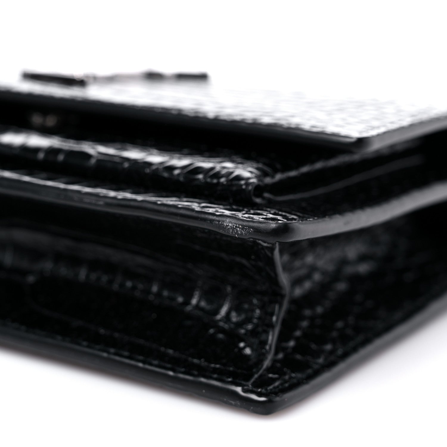 Saint Laurent Calfskin Crocodile Embossed Monogram Sunset Chain Wallet Black 8 of 11