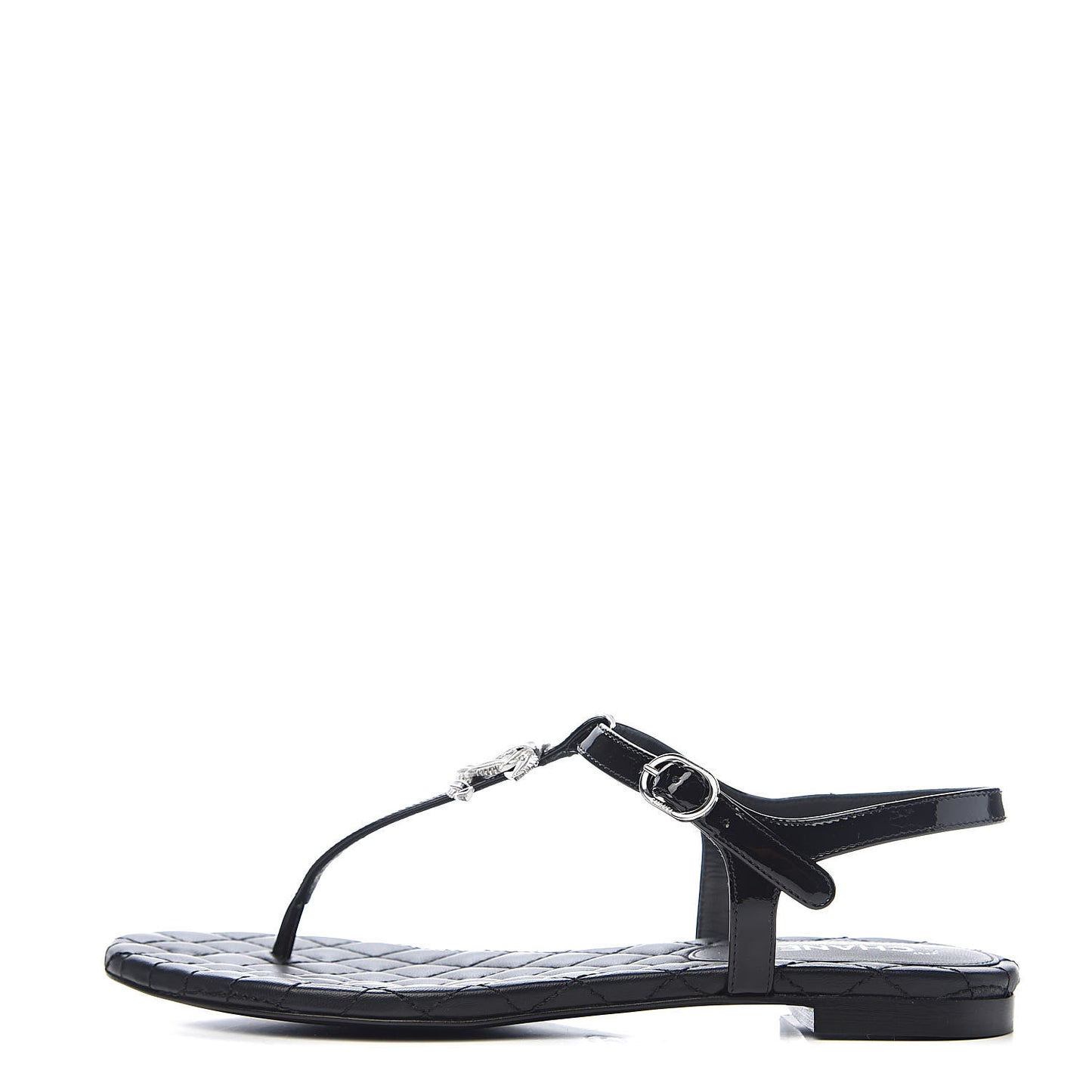 Patent Calfskin CC Chain Thong Sandals 35 Black