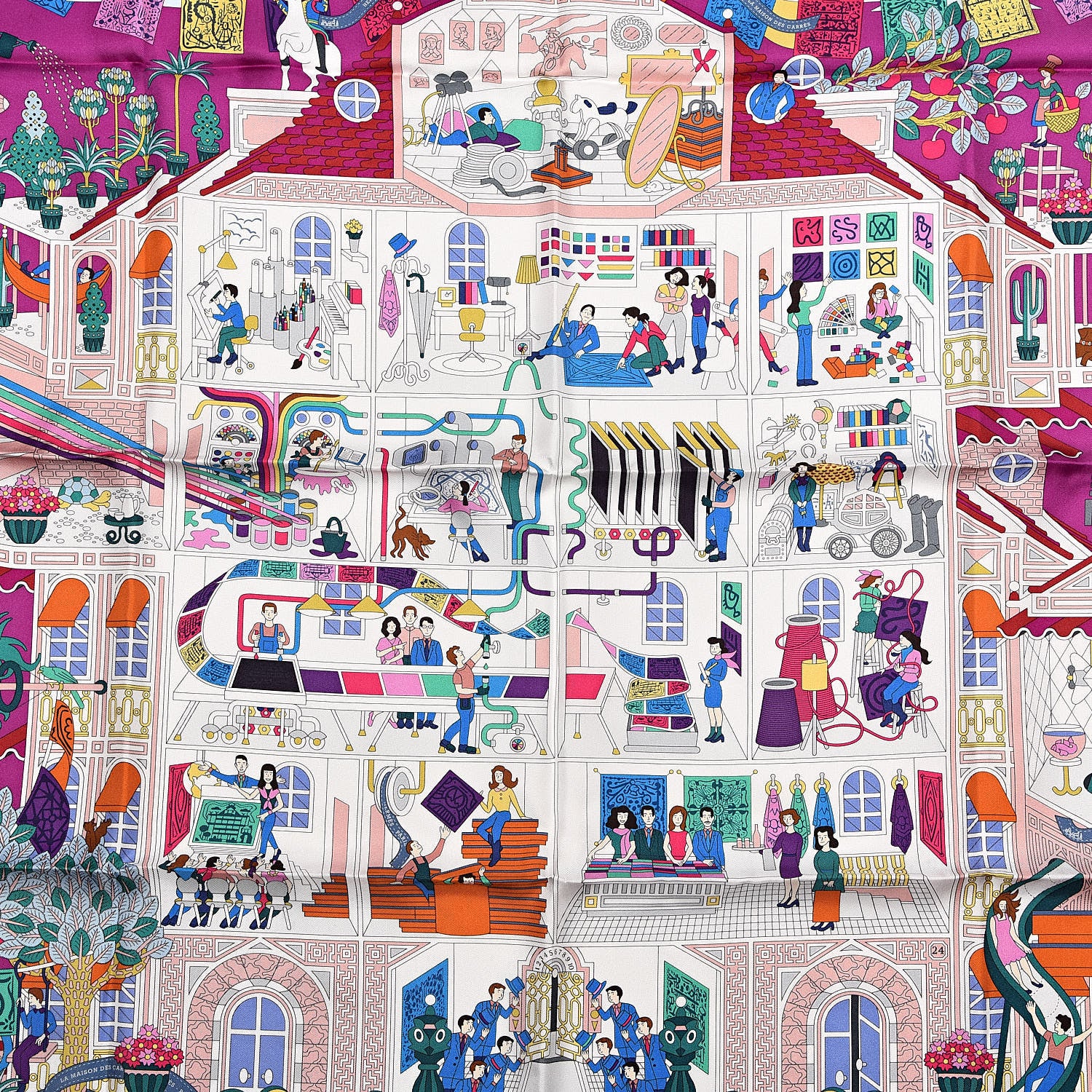 Hermes Silk La Maizeon des Carres Scarf 90 Fuchsia Blanc Multicolore 4 of 5