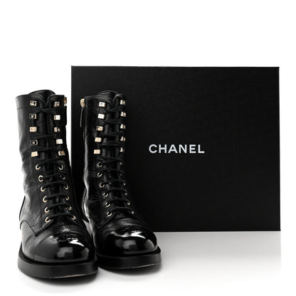 Chanel Crumpled Calfskin Patent Cap Toe Lace Up Combat Boots 38 Black 12 of 12
