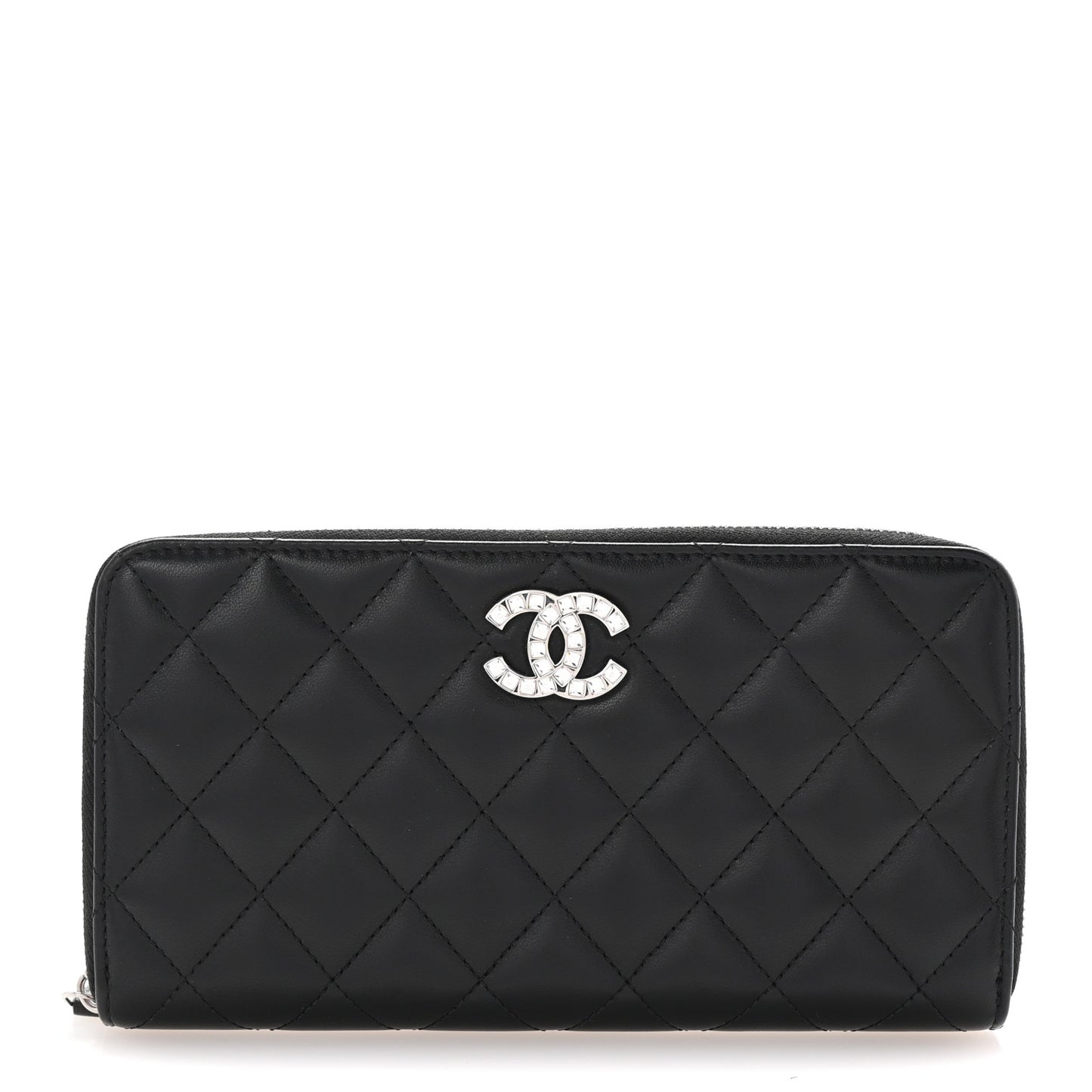 Lambskin Quilted Baguette Crystal Large Gusset Zip Around Wallet Black