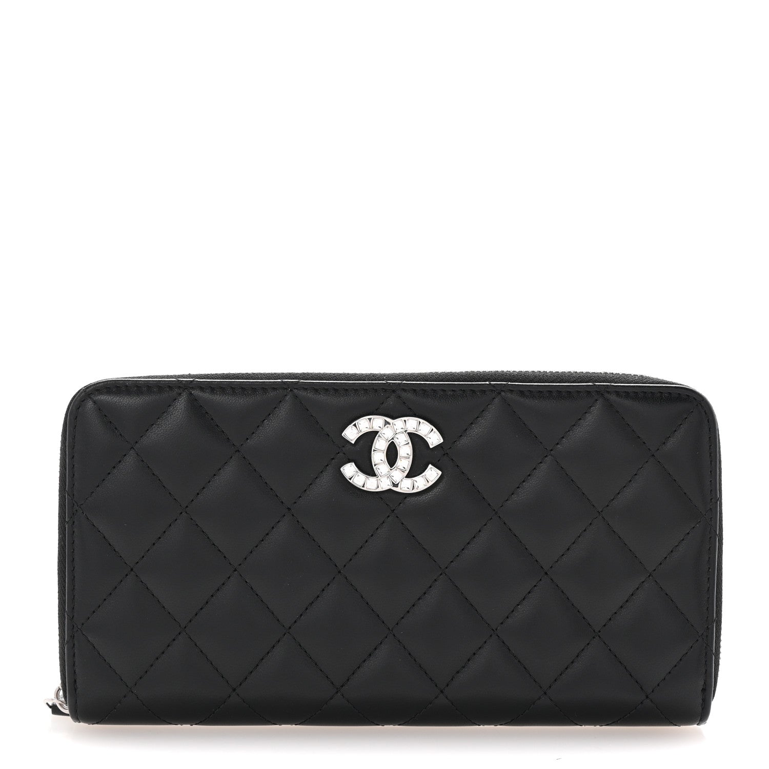 Chanel Lambskin Quilted Baguette Crystal Large Gusset Zip Around Wallet Black 1 of 8
