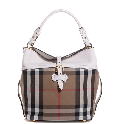 Burberry Grainy Calfskin House Check Buckle Medium Sycamore Hobo White 1 of 11