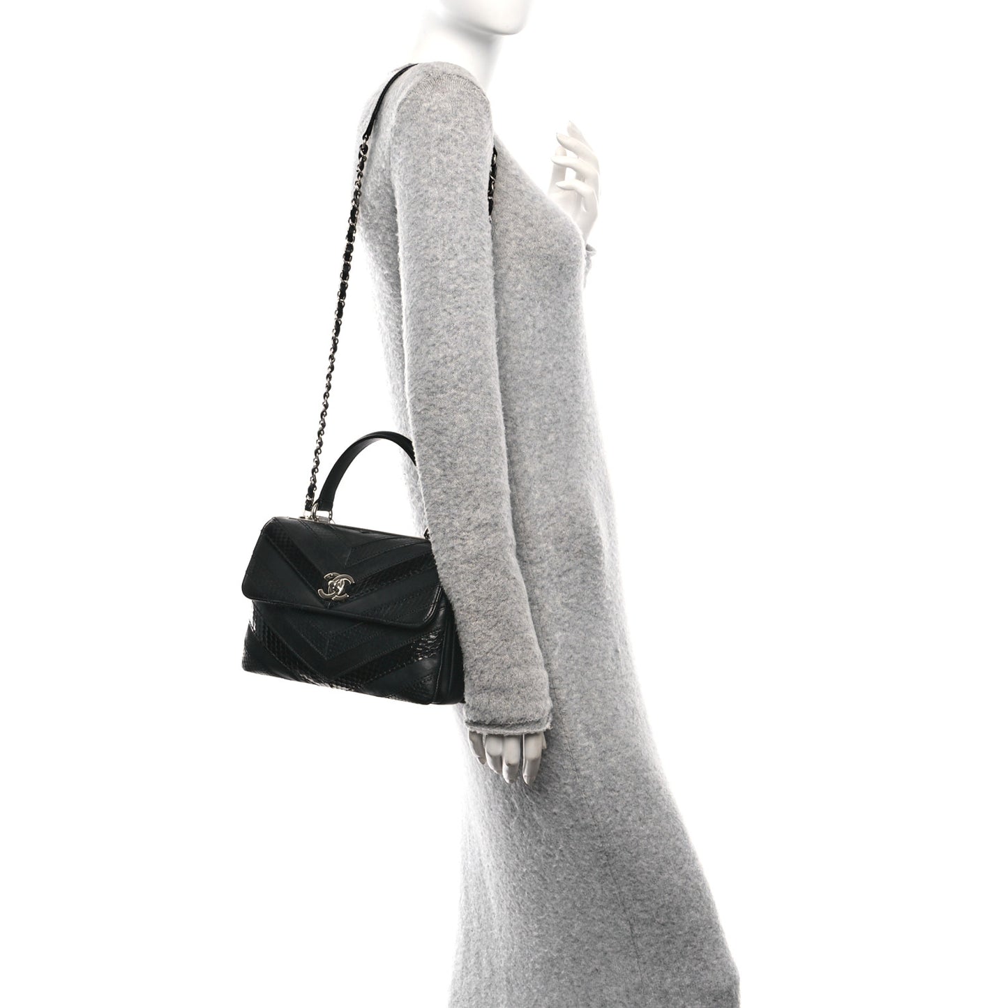 Calfskin Sheepskin Watersnake Chevron Quilted CC Small Trendy CC Dual Handle Flap Bag Black
