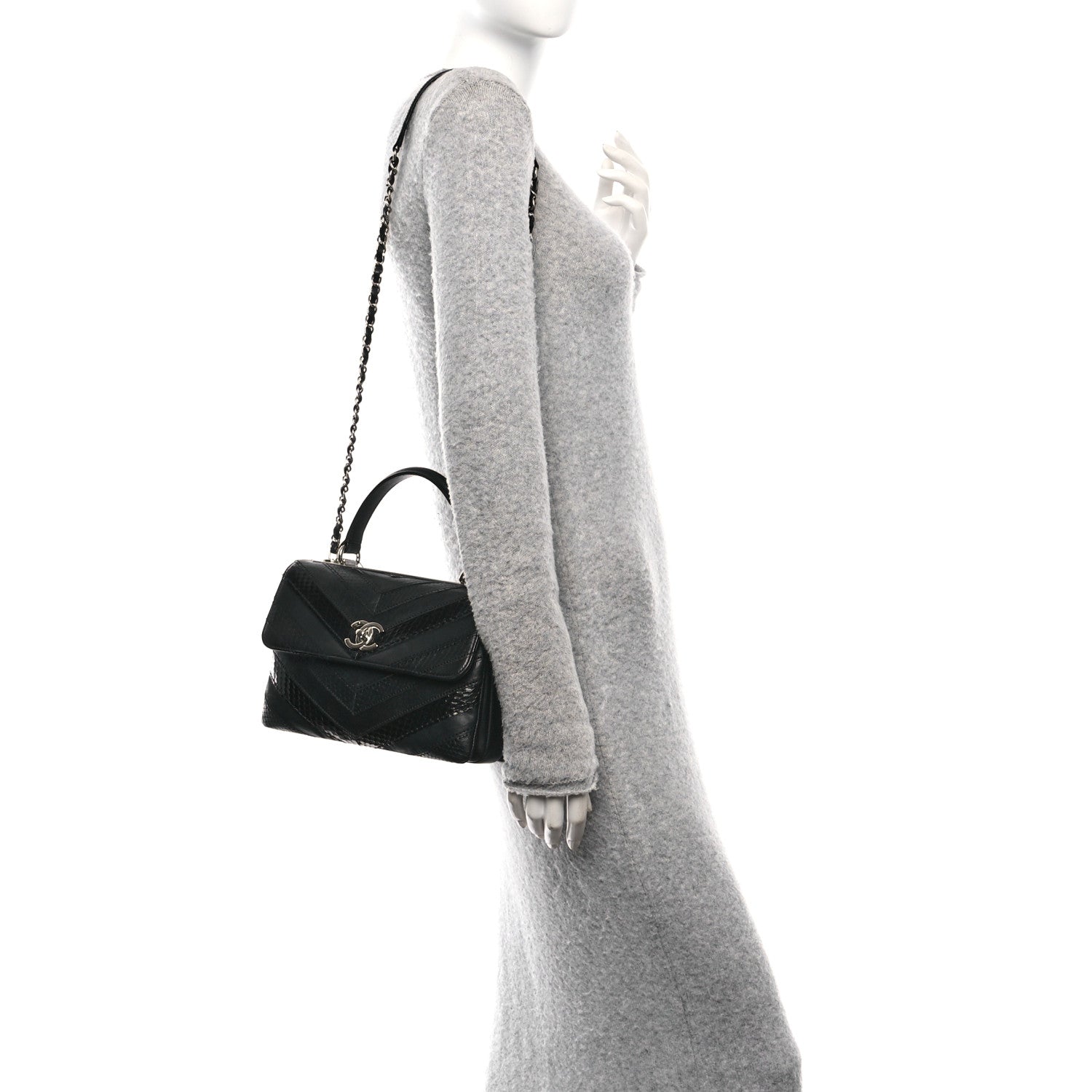 Chanel Calfskin Sheepskin Watersnake Chevron Quilted CC Small Trendy CC Dual Handle Flap Bag Black 2 of 10