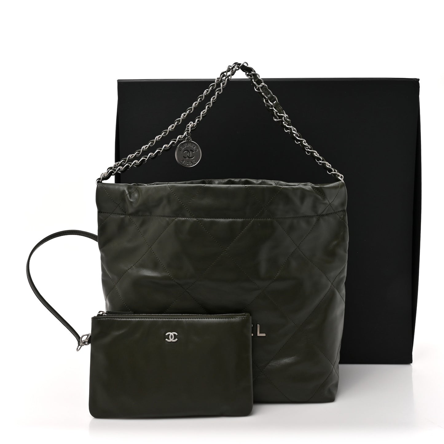 Shiny Calfskin Quilted Small Chanel 22 Khaki