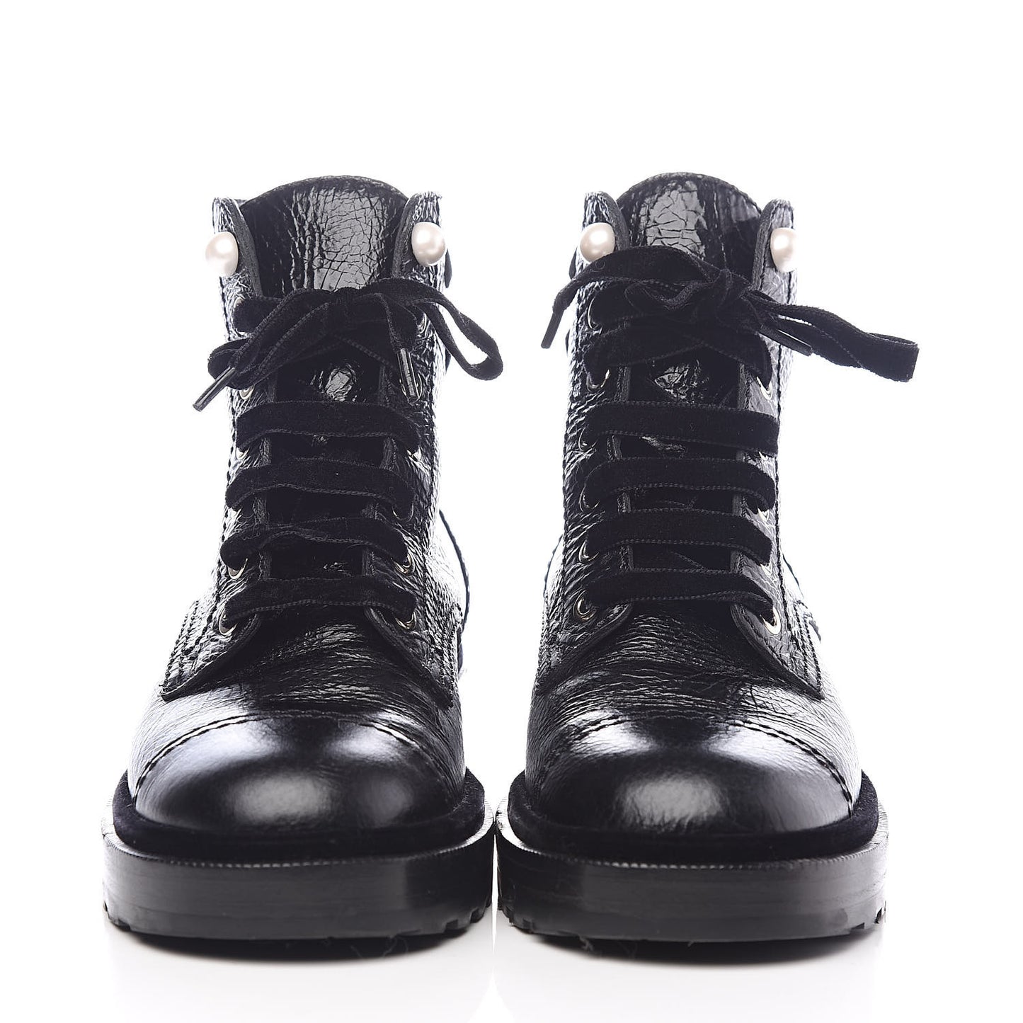 Calfskin Velvet Pearl Combat Short Boots 38 Black