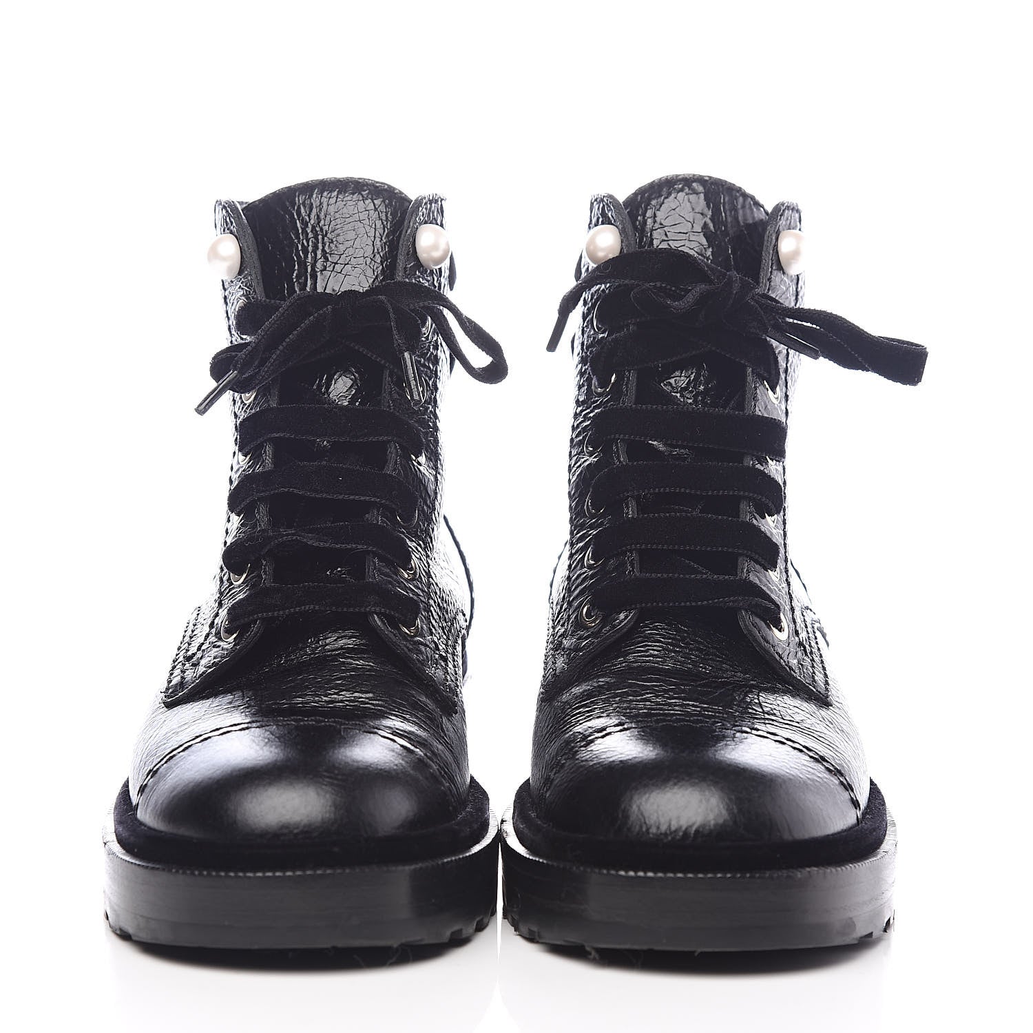 Chanel Calfskin Velvet Pearl Combat Short Boots 38 Black 2 of 8