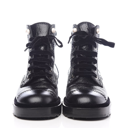Chanel Calfskin Velvet Pearl Combat Short Boots 38 Black 2 of 8