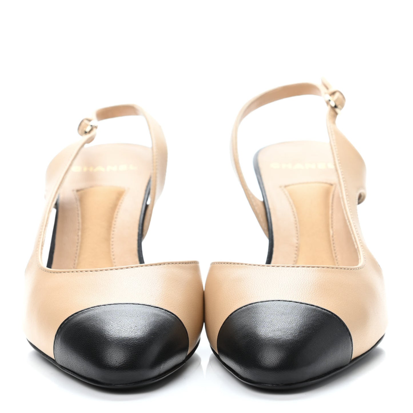 Lambskin Pearl Cap Toe CC Slingback Pumps 38 Beige Black
